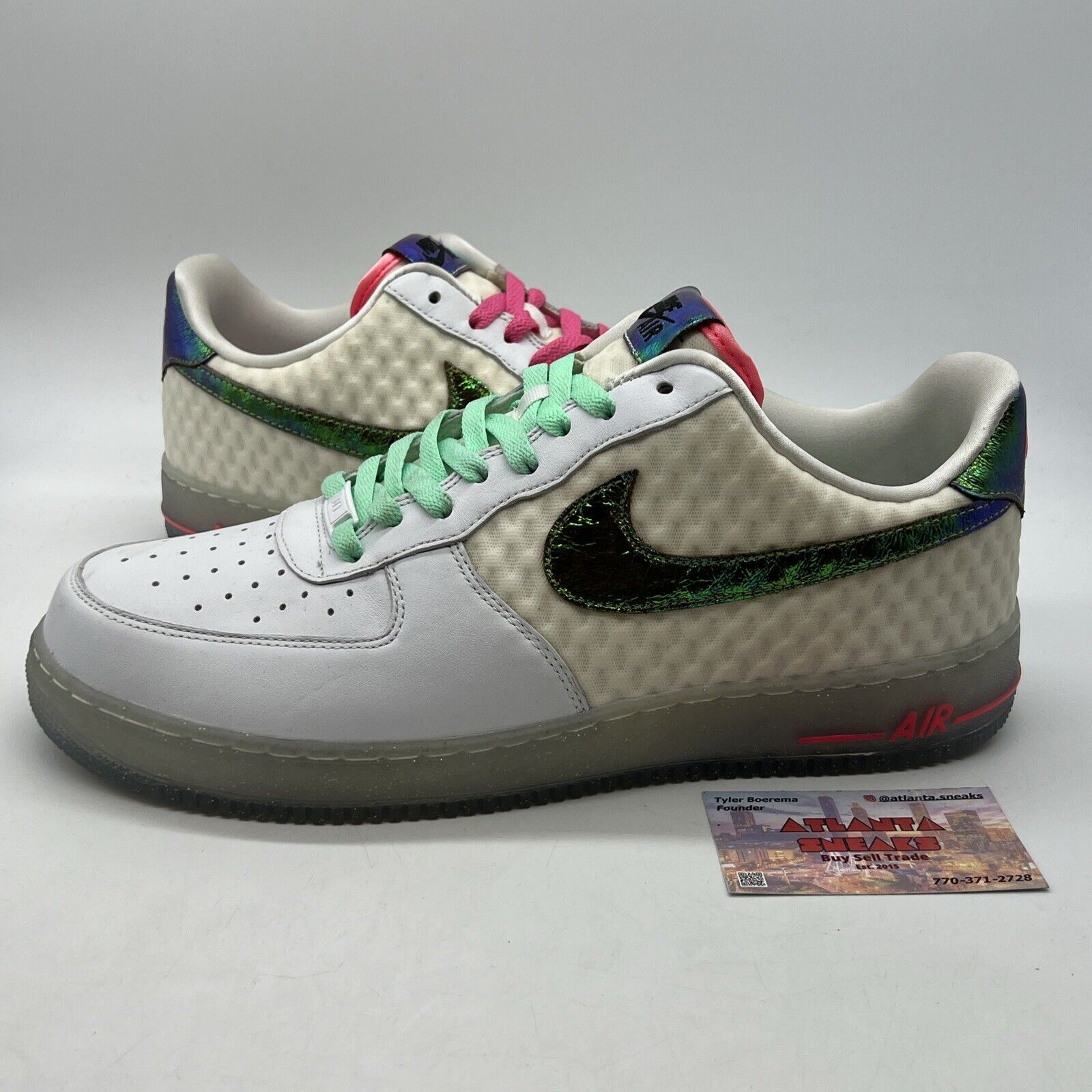 Size 13 - Nike Air Force 1 Premium Low White Leather Green Pink (573974-100)