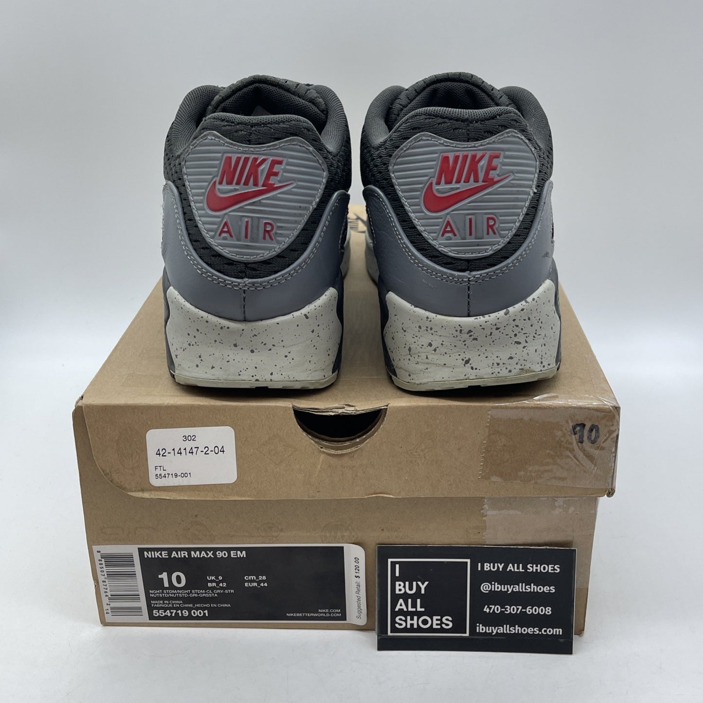 Size 10 - Nike Air Max 90 EM Black Grey Red Suede Leather (554719-001)