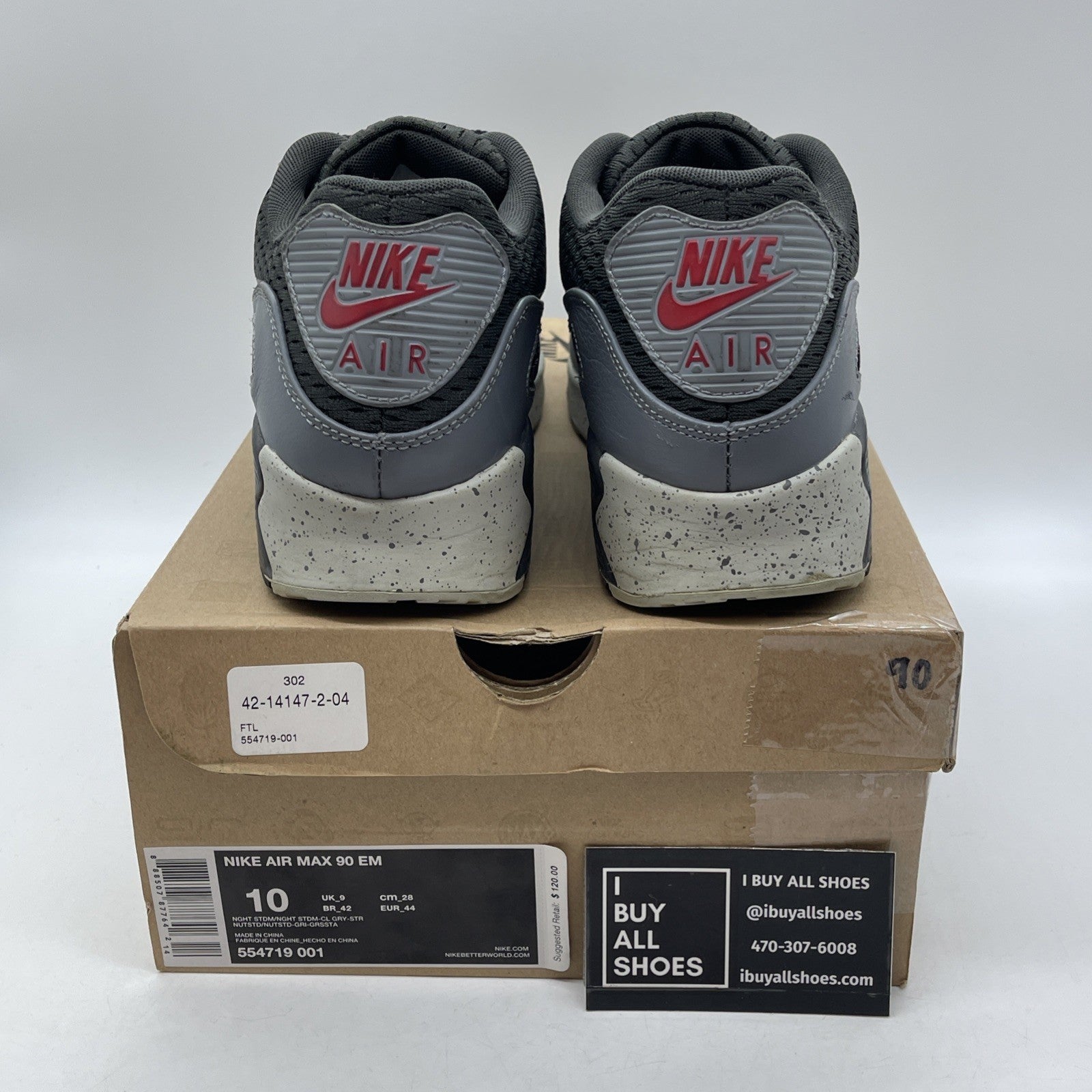 Size 10 - Nike Air Max 90 EM Black Grey Red Suede Leather (554719-001)
