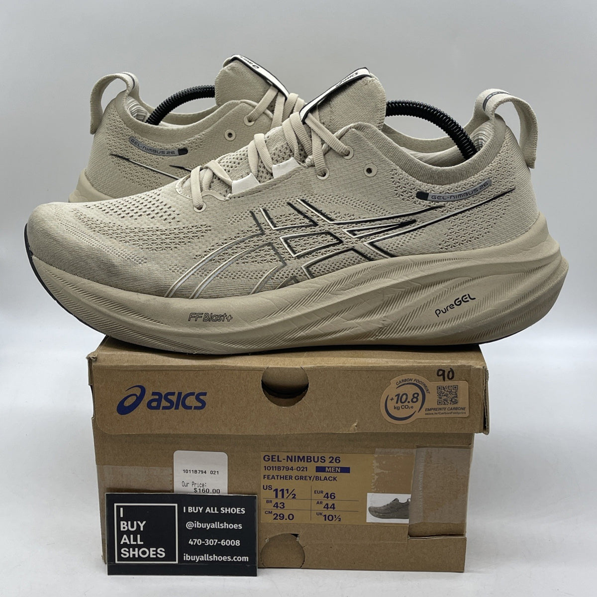 Size 11.5 - Asics Gel Nimbus 26 Feather Grey Black (1011B794-021)