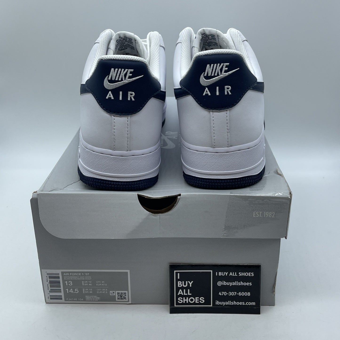 Size 13 -Nike Air Force 1 '07 Low White Midnight Navy Leather (FJ4146-104)
