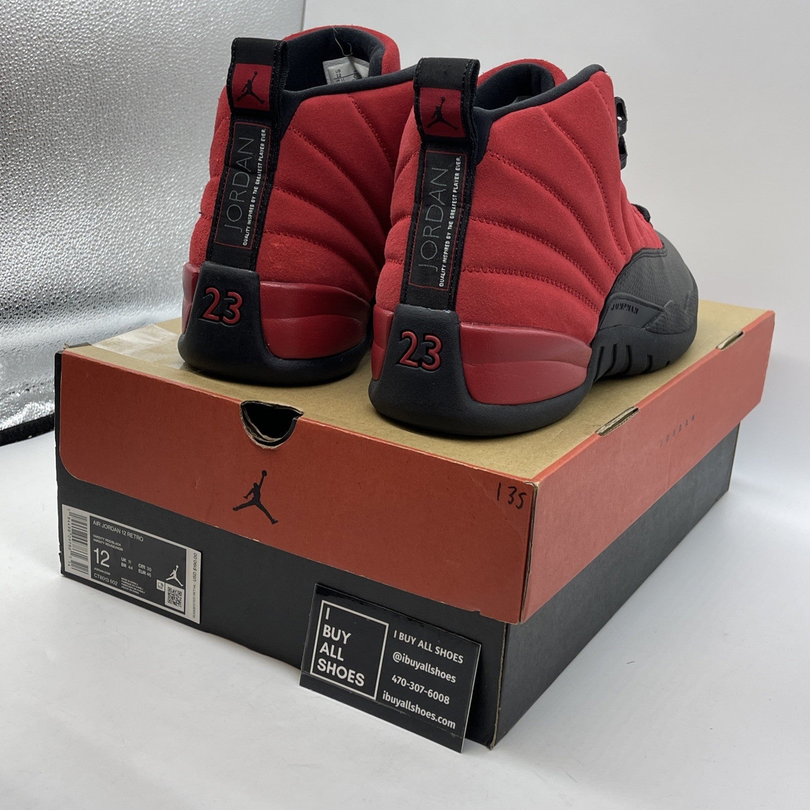 Size 12 - Jordan 12 Retro Reverse Flu Game Red Black Suede Leather (CT8013-602)
