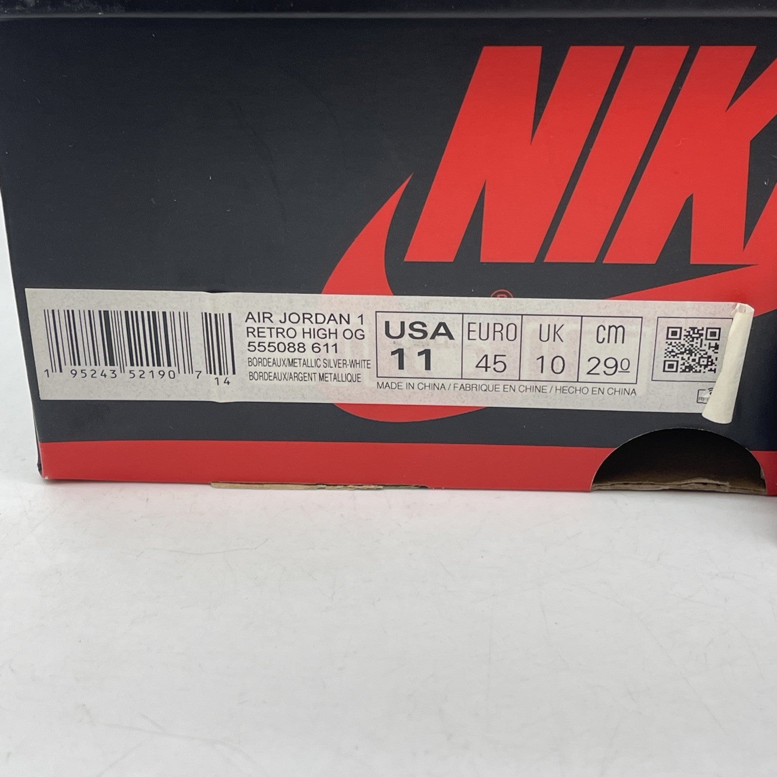 Size 11 - Jordan 1 Retro High OG Bordeaux White Silver Leather (555088-611)