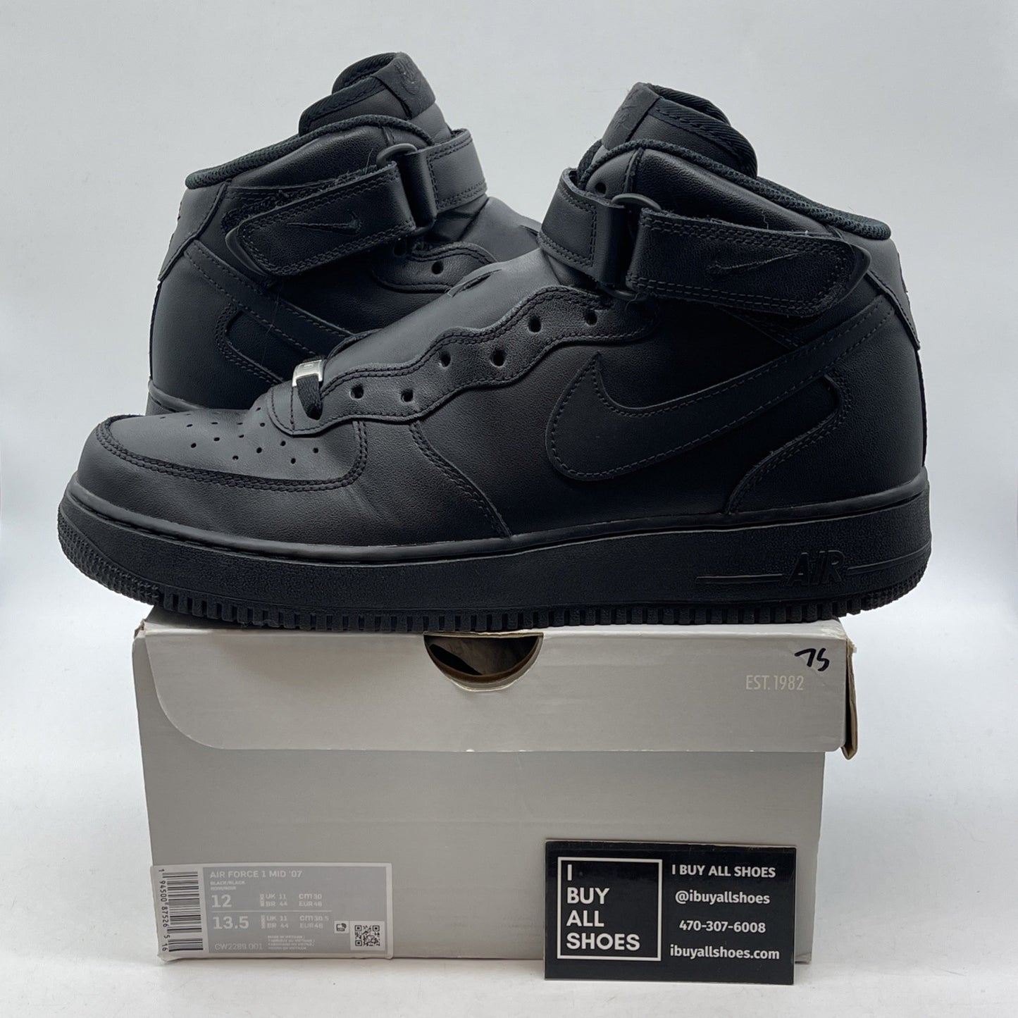 Size 12 - Nike Air Force 1 '07 Mid Triple Black Leather (CW2289-001)
