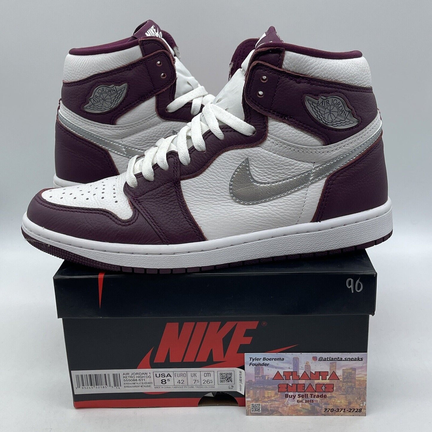 Size 8.5 - Jordan 1 Retro High OG Bordeaux Silver White Leather (555088-611)