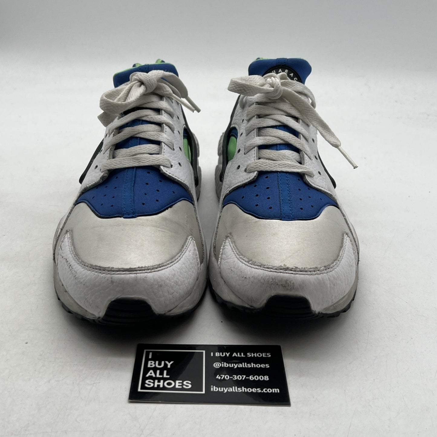 Size 11.5 - Nike Air Huarache Scream Green Blue White Suede Leather (318429-100)
