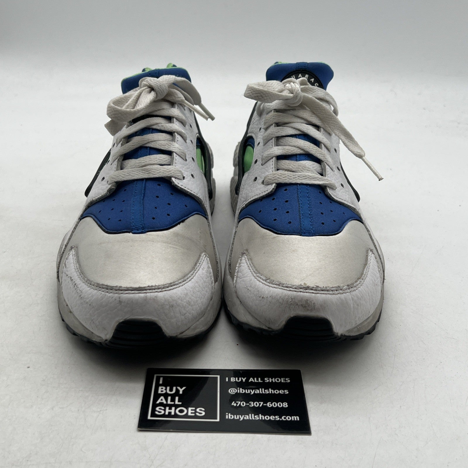Size 11.5 - Nike Air Huarache Scream Green Blue White Suede Leather (318429-100)
