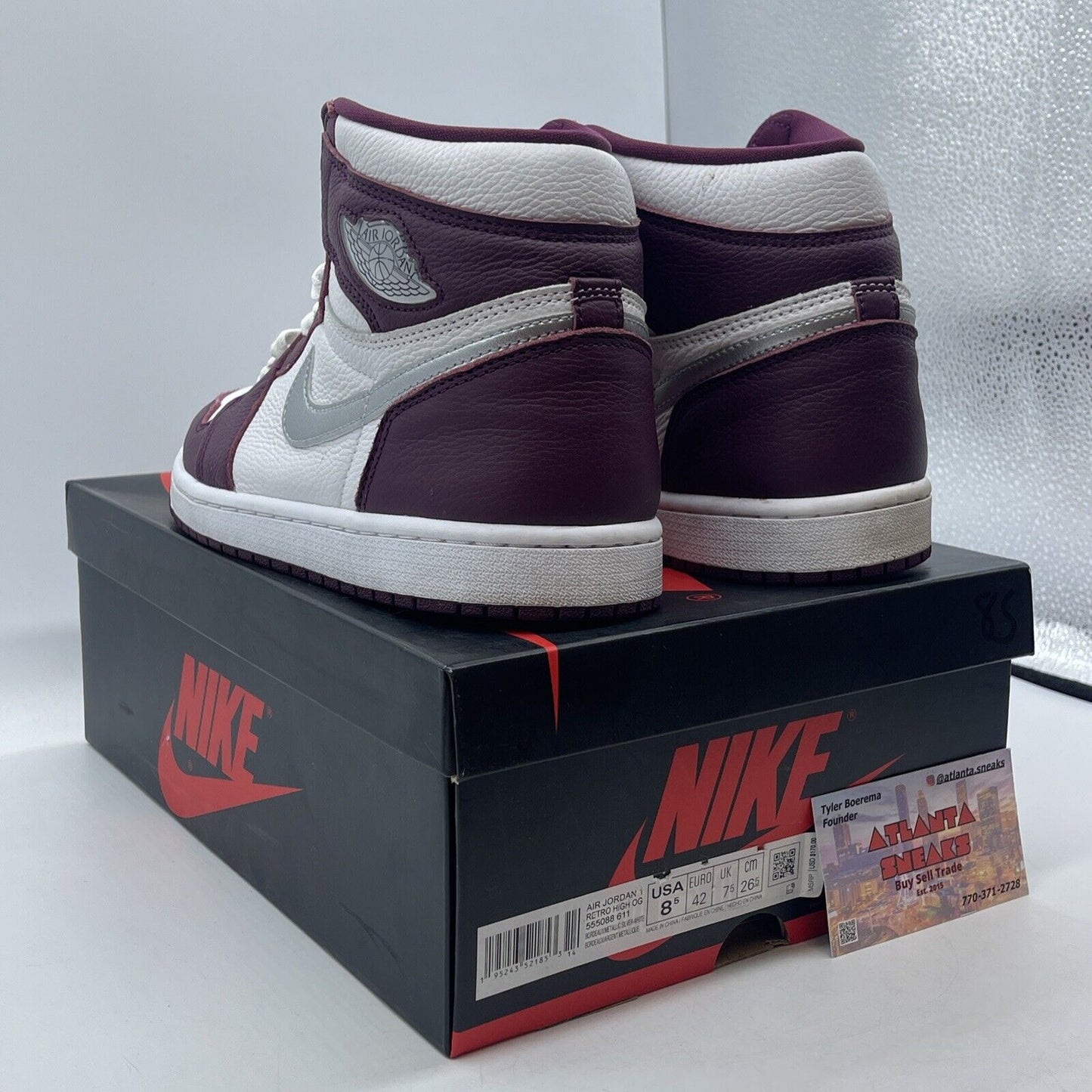 Size 8.5 - Jordan 1 Retro High OG Bordeaux White Silver Leather (555088-611)