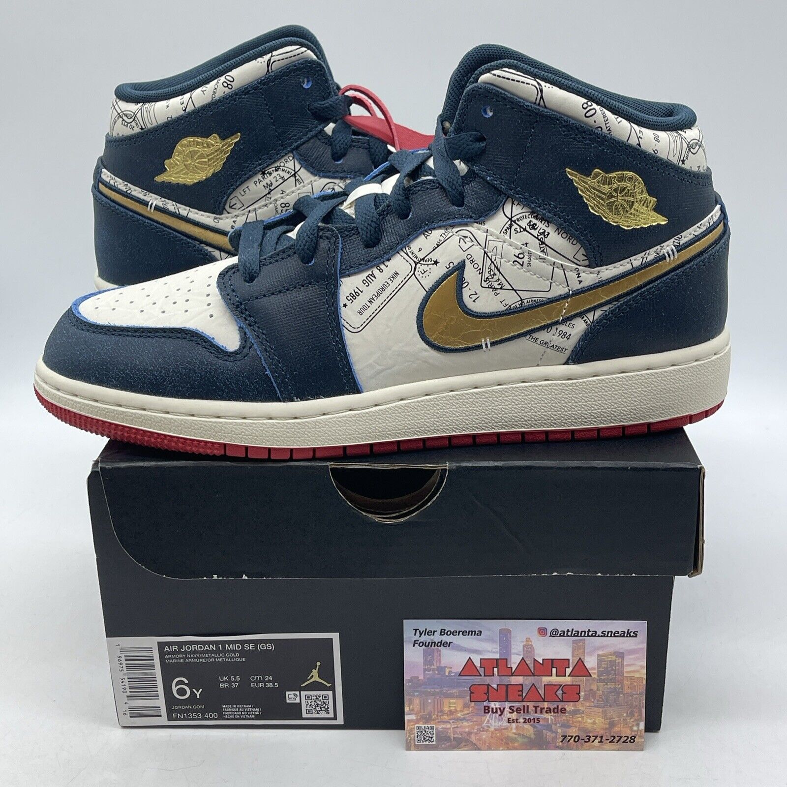 Size 6Y (GS) - Jordan 1 SE Mid Take Flight White Blue Red Gold (FN1353-400)