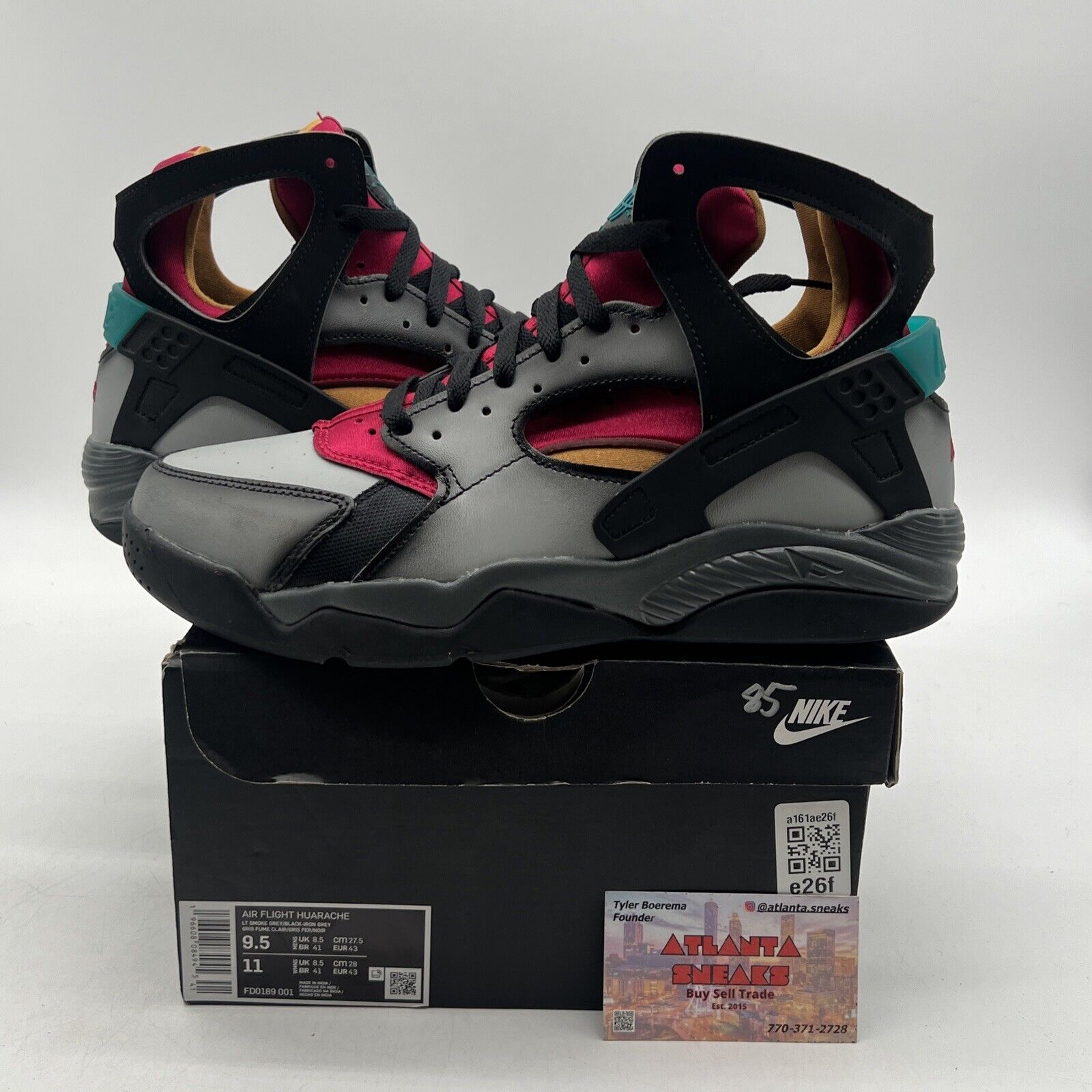 Size 9.5 - Nike Air Flight Huarache Airbrush - Bordeaux Grey Black (FD0189-001)