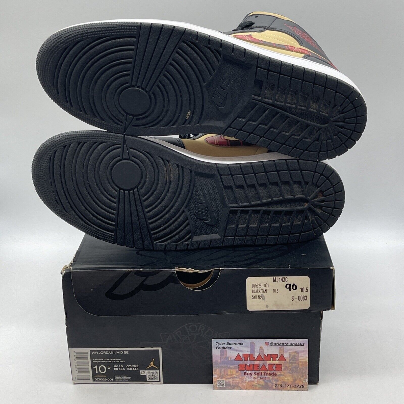 Size 10.5 - Jordan 1 Mid SE Tartan Swoosh Black White Tan Suede (DZ5329-001)