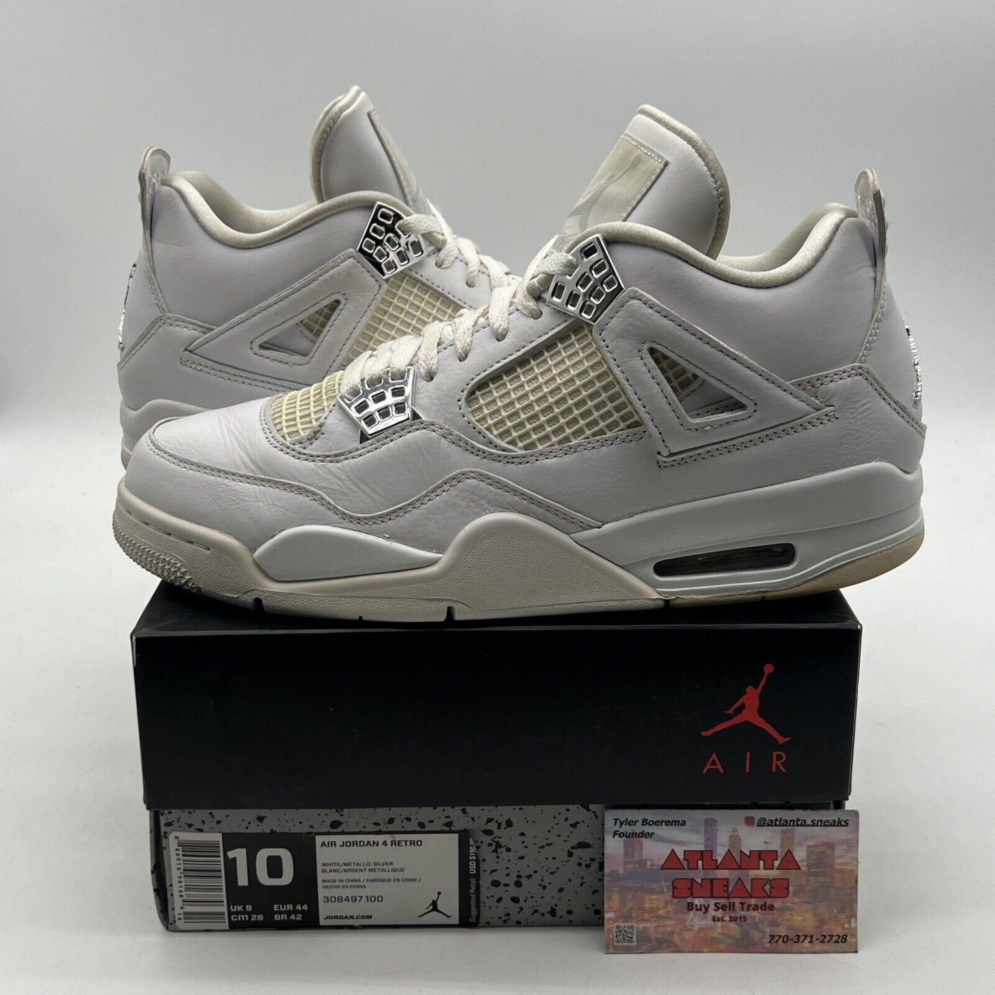 Size 10 - Jordan 4 Retro Mid Pure Money White Leather Silver (308497-100)