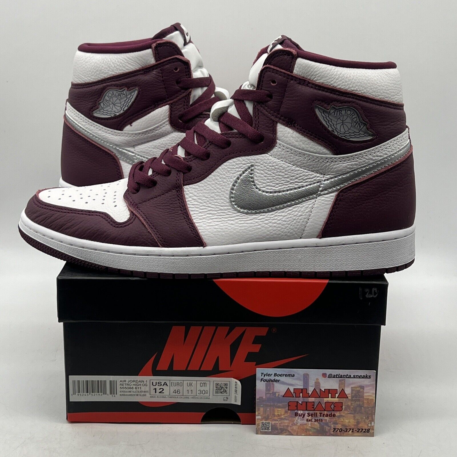 Size 12 - Jordan 1 Retro High OG Bordeaux White Silver Leather (555088-611)