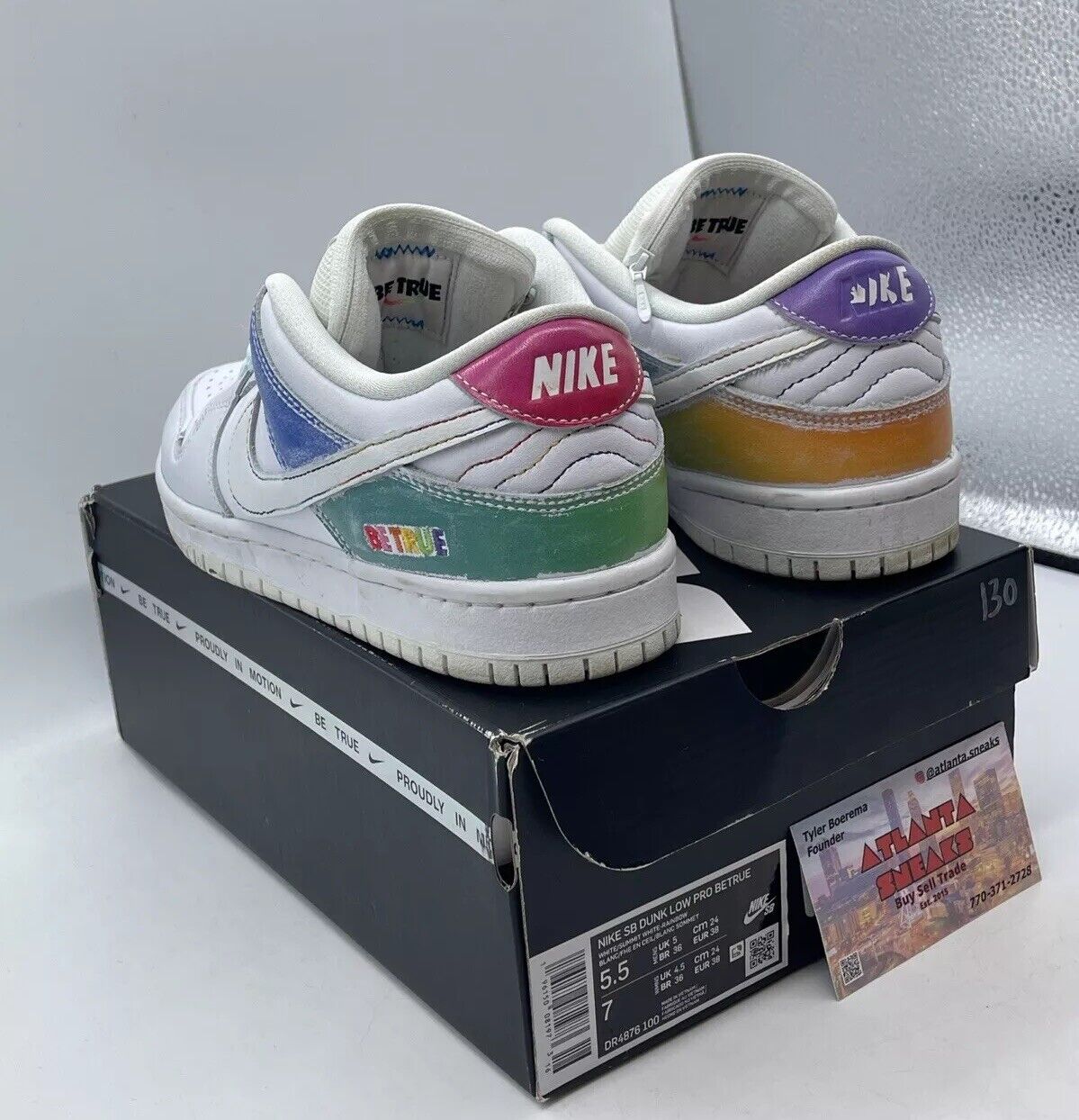 Size 5.5 - Nike Dunk SB Low Be True White Blue Pink Green Leather (DR4876-100)