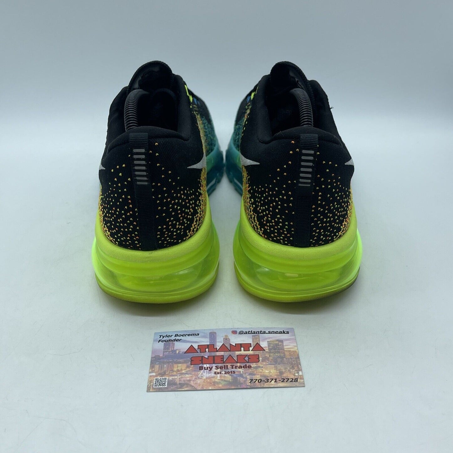 Size 11 - Nike Flyknit Max Black Blue Neon Yellow White Suede (620469-001)