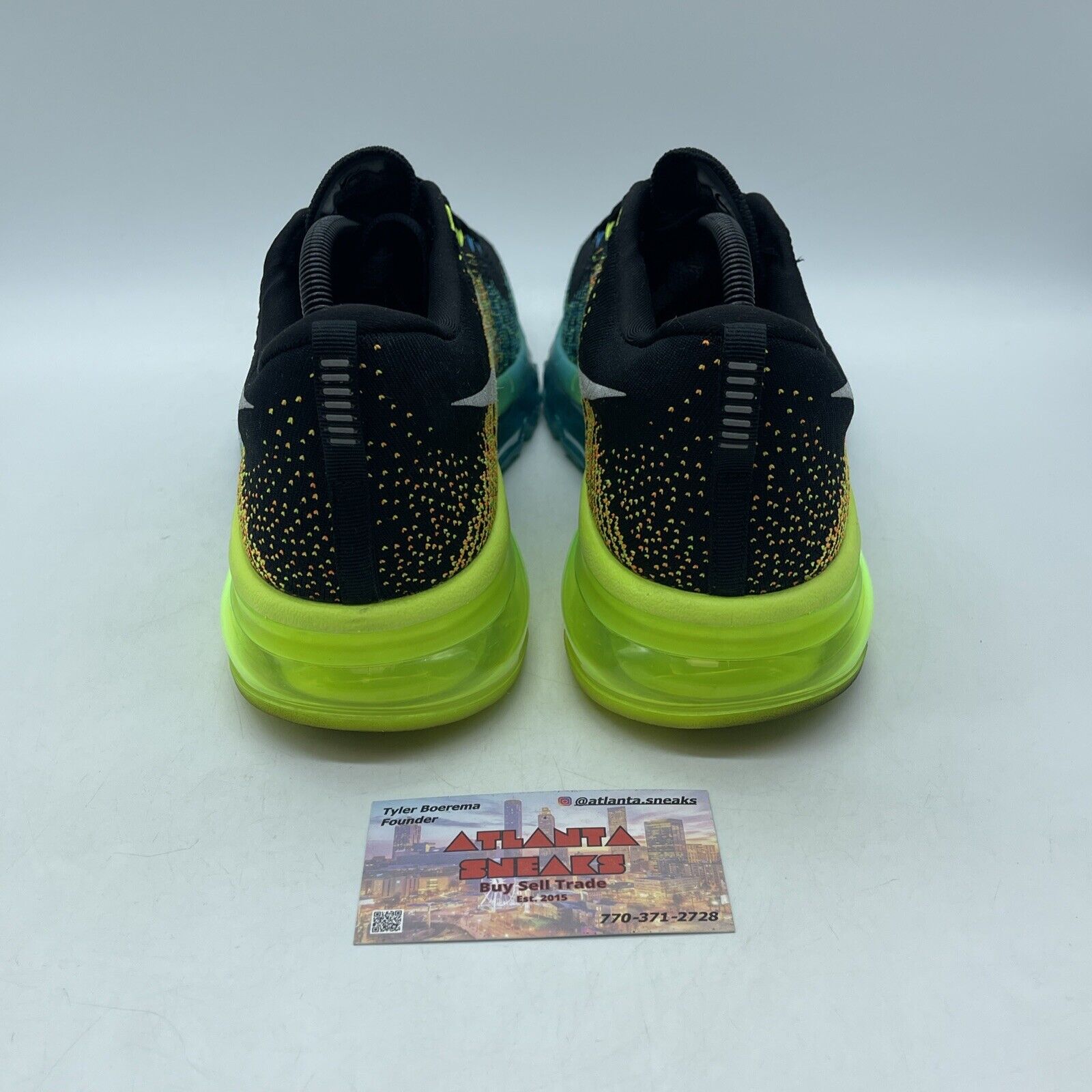 Size 11 - Nike Flyknit Max Black Blue Neon Yellow White Suede (620469-001)