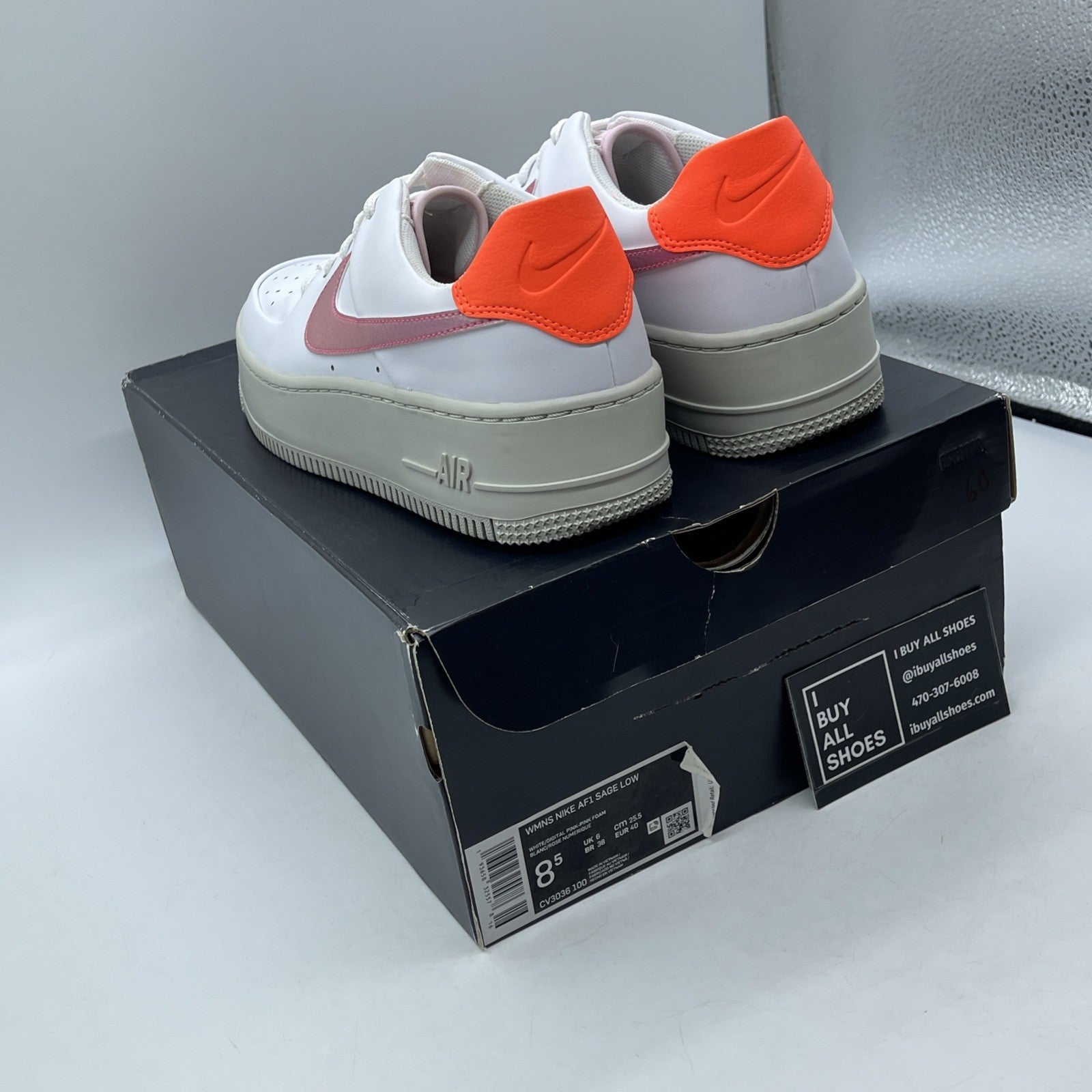 Size 8.5W - Nike Air Force 1 Sage Low White Pink Orange Leather (CV3036-100)