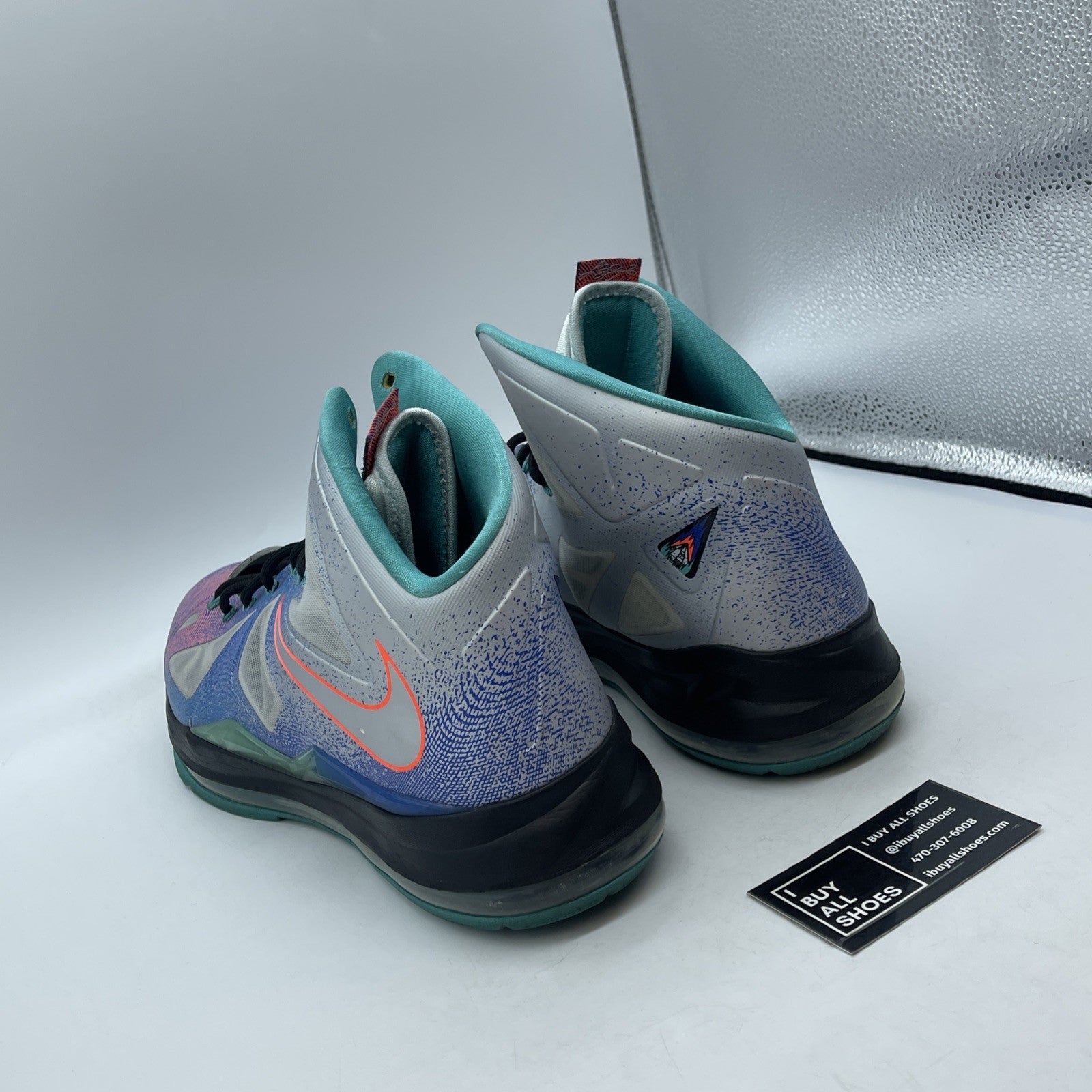 Size 14 - Nike LeBron 10 Pure Platinum Grey Black Blue Leather (541100-008)