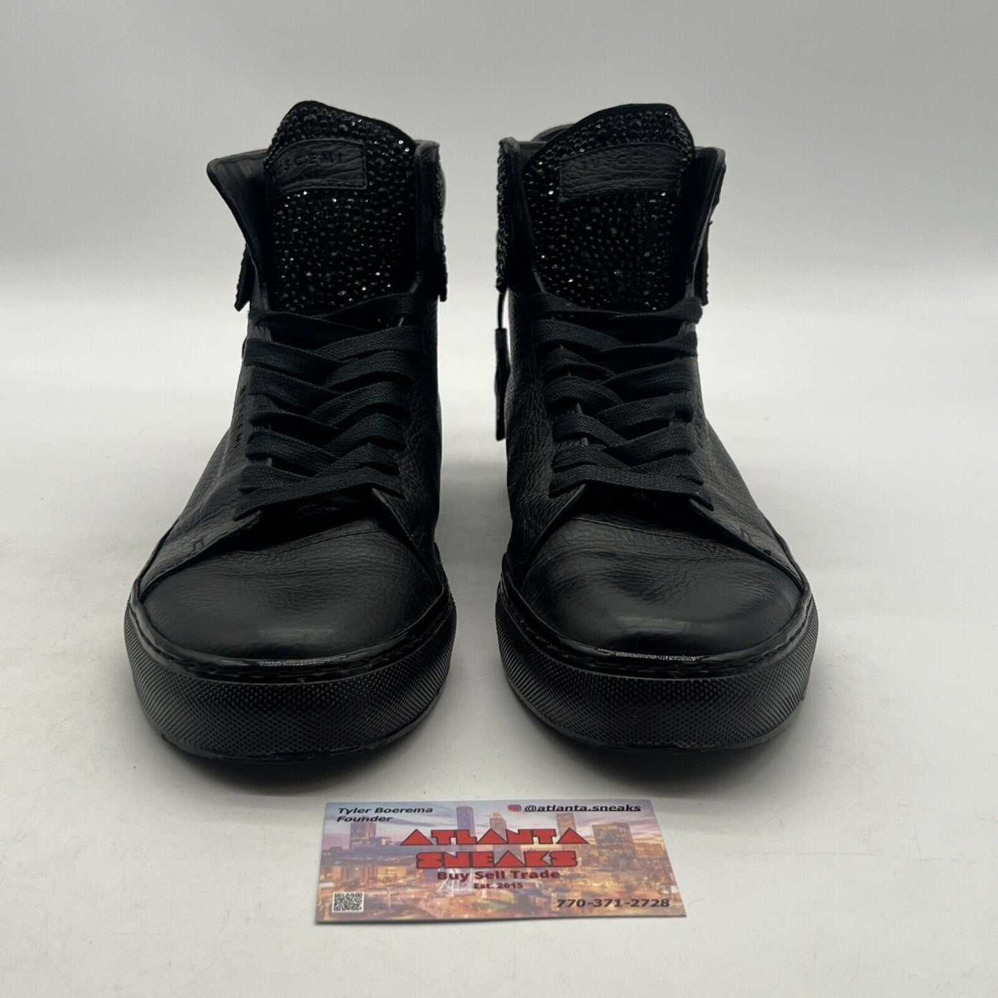 Size 10 - Buscemi Men's All Black Leather High-Top Sneakers