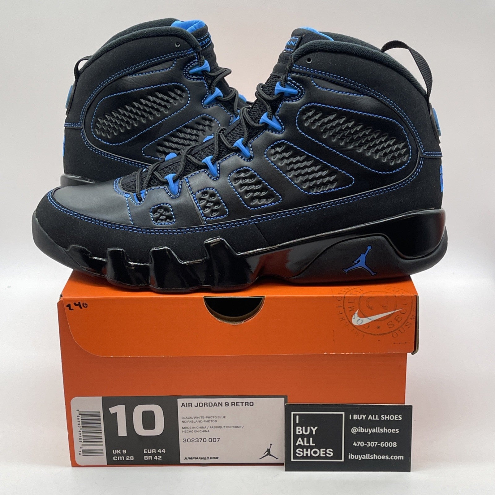 Size 10 - Air Jordan 9 Retro Photo Blue Black Leather (302370-007)