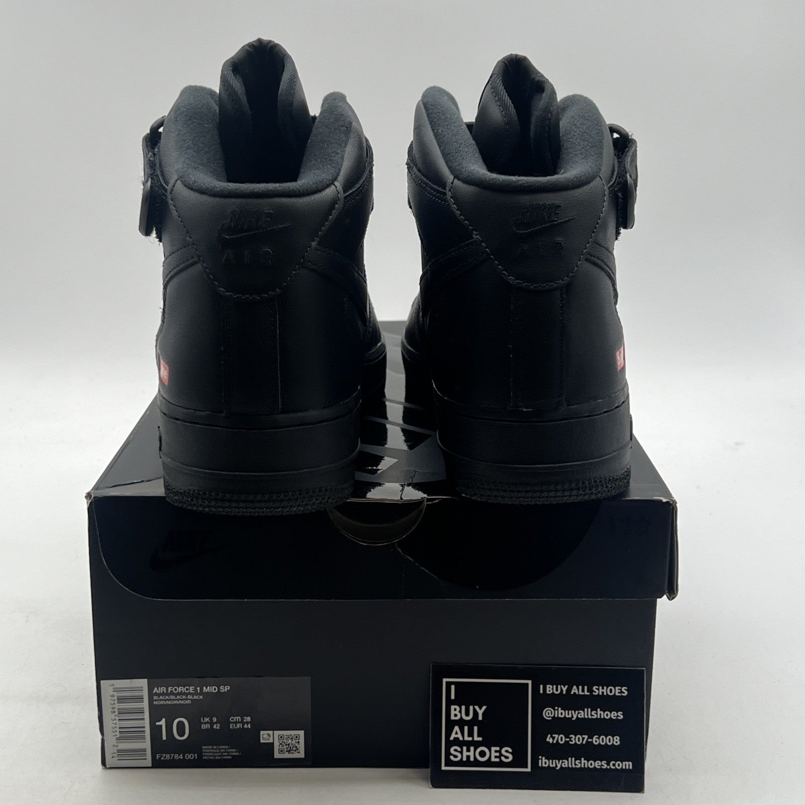 Size 10 - Nike Supreme x Air Force 1 Mid Box Logo - Triple Black (FZ8784-001)