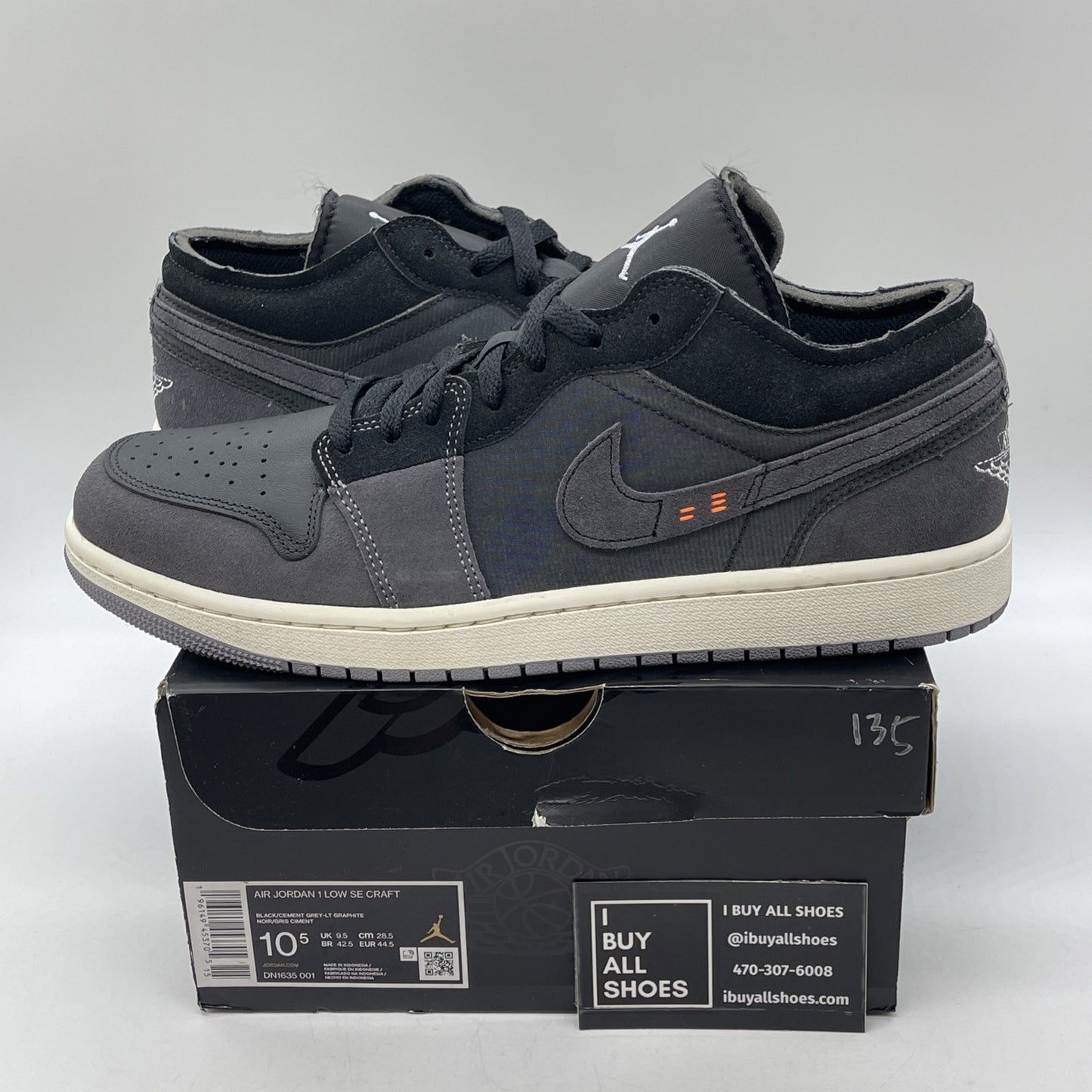 Size 10.5 - Jordan 1 Low Inside Out Black Gray Suede Leather (DN1635-001)