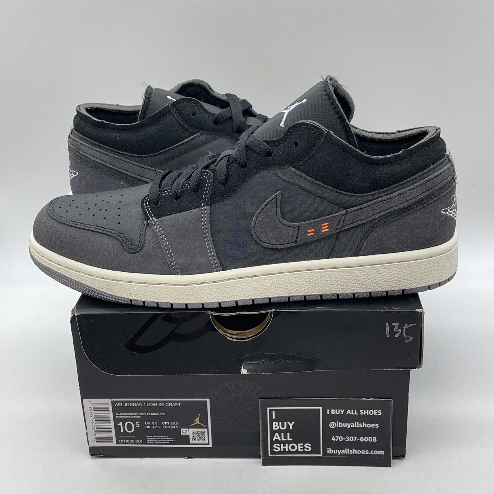 Size 10.5 - Jordan 1 Low Inside Out Black Gray Suede Leather (DN1635-001)