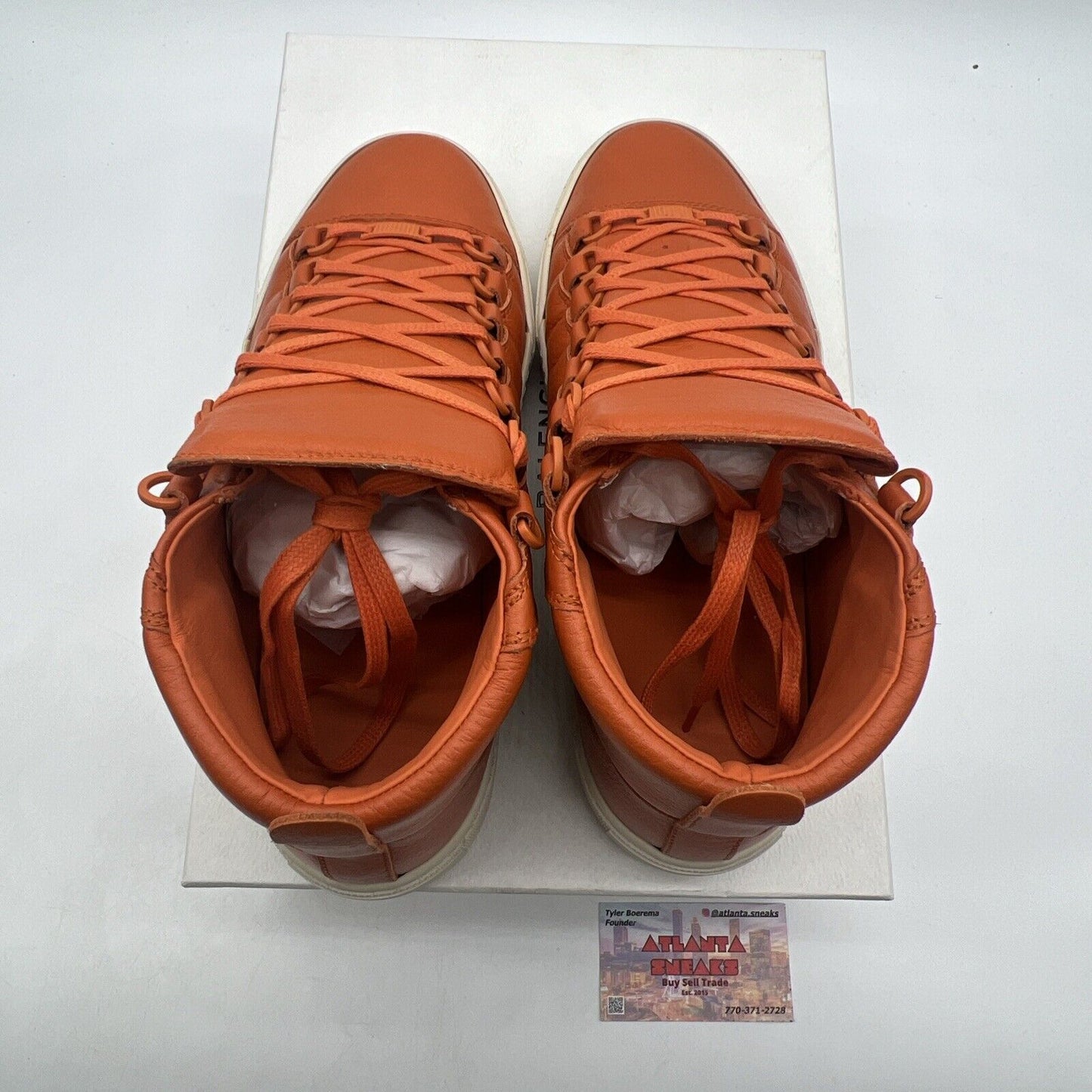 Size 9.5 - Balenciaga Arena High Orange White Leather High Top Sneakers