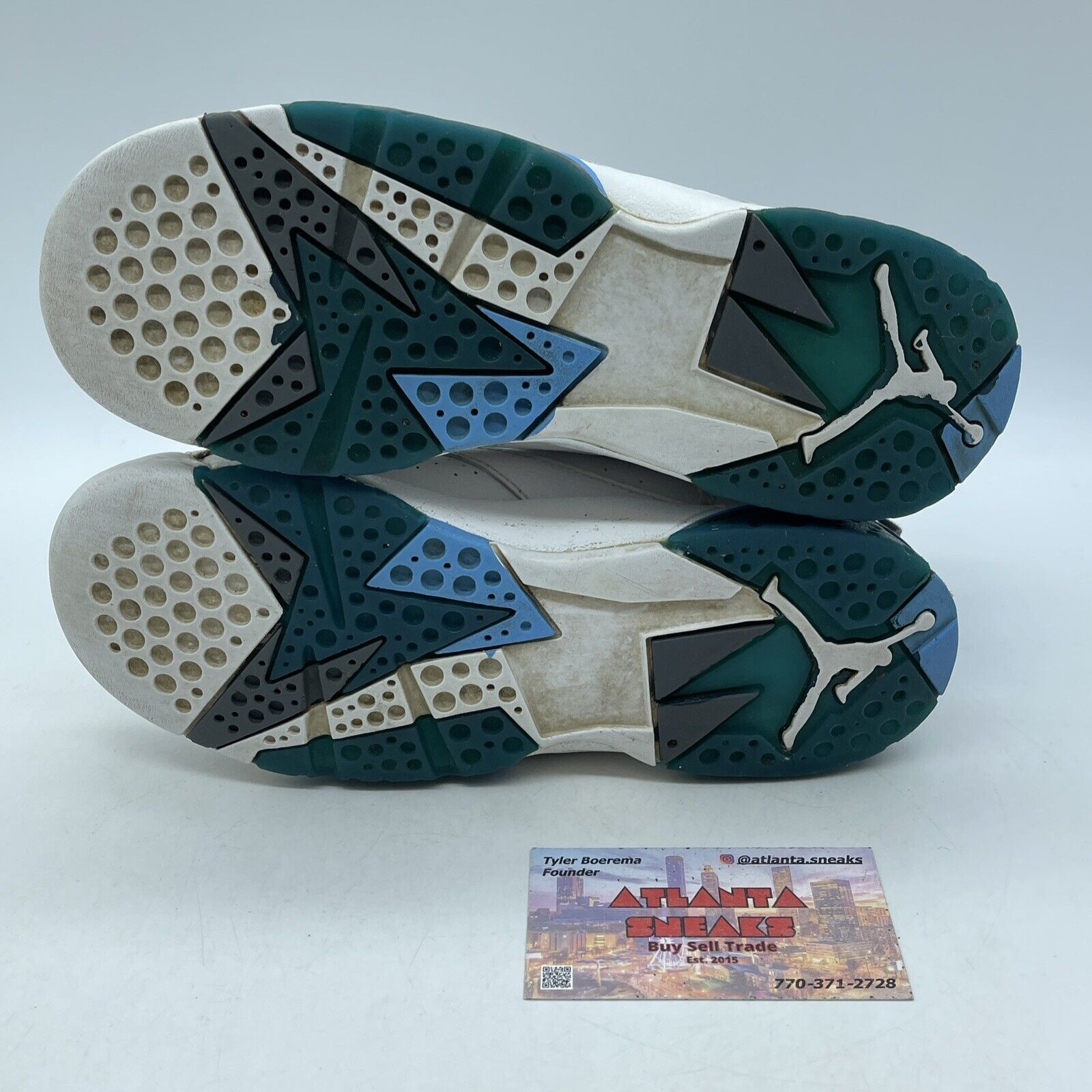 Size 4.5 (GS) - Jordan 7 Mid French Blue White Green Grey Leather (304774-107)