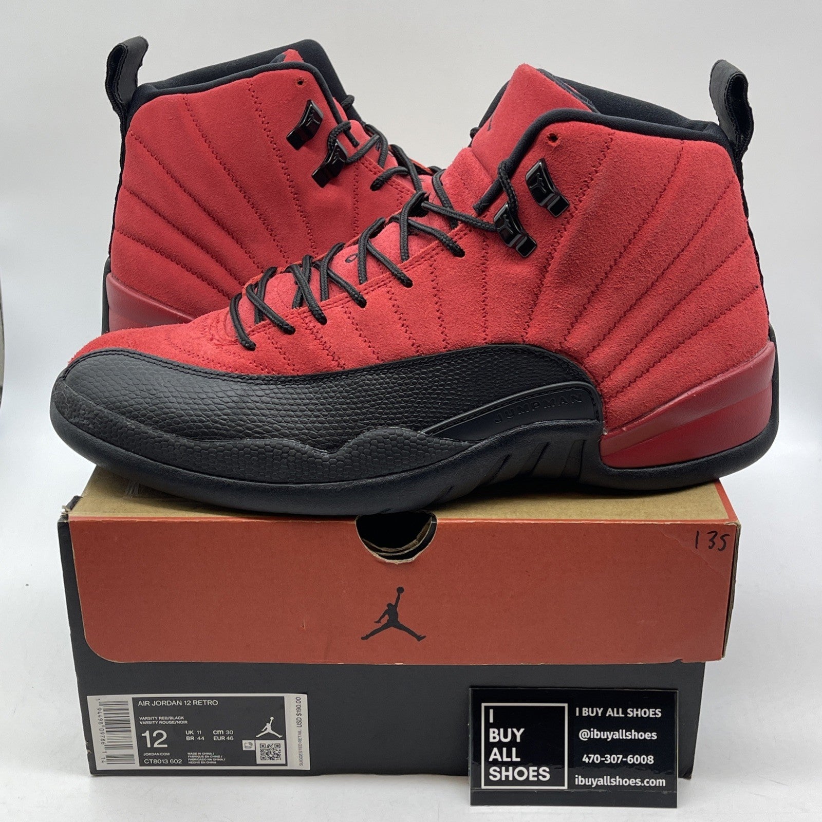 Size 12 - Jordan 12 Retro Reverse Flu Game Red Black Suede Leather (CT8013-602)