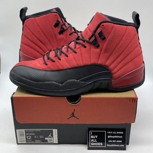 Size 12 - Jordan 12 Retro Reverse Flu Game Red Black Suede Leather (CT8013-602)