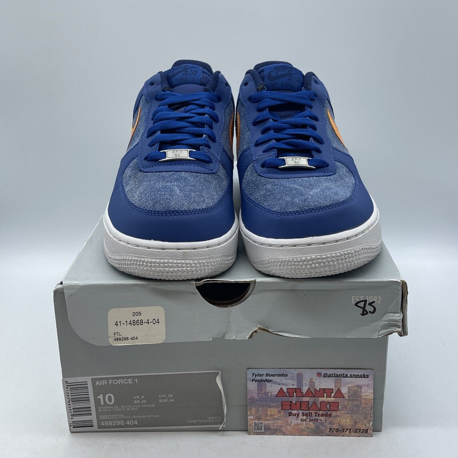 Size 10 - Nike Air Force 1 Low Storm Blue Denim Orange Suede Leather (488298-404