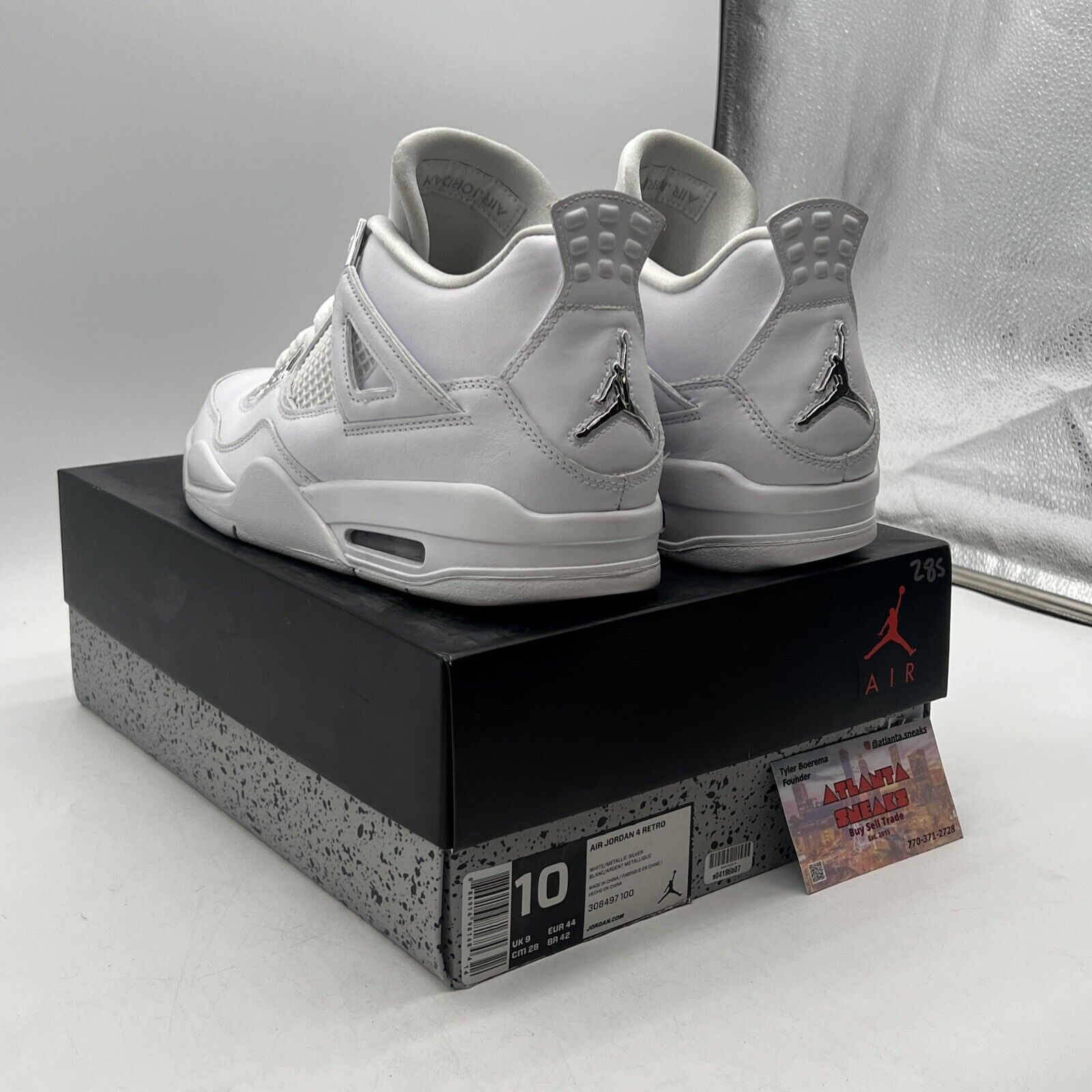 Size 10 - Jordan 4 Retro Mid Pure Money White Leather Silver (308497-100)