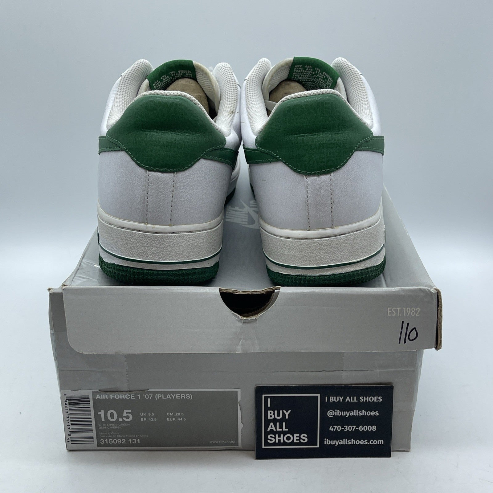 Size 10.5 - Nike Air Force 1'07 Players Green White Leather (315092-131)