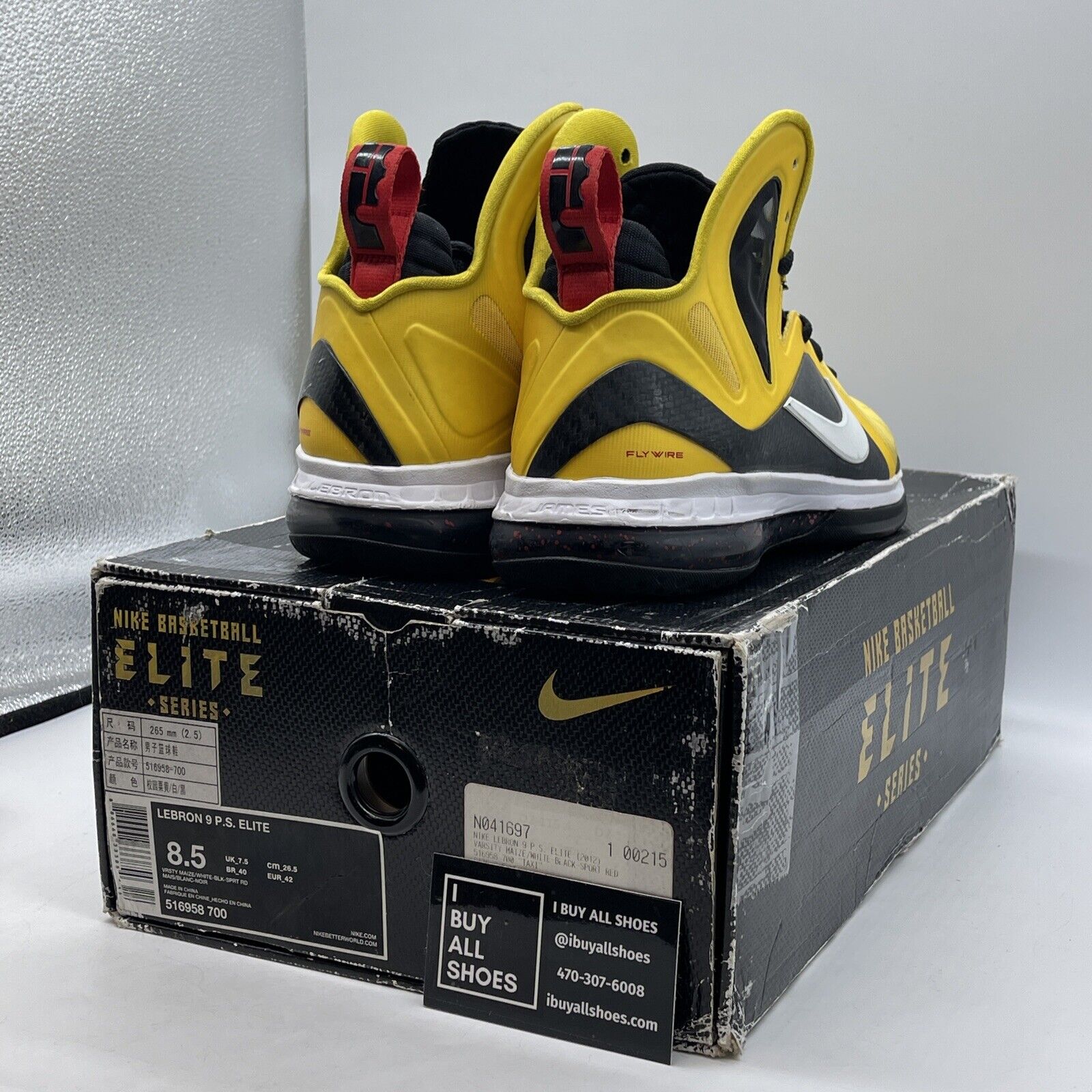 Size 8.5 - Nike LeBron 9 P.S. Elite Taxi Yellow White Red Black (516958-700)