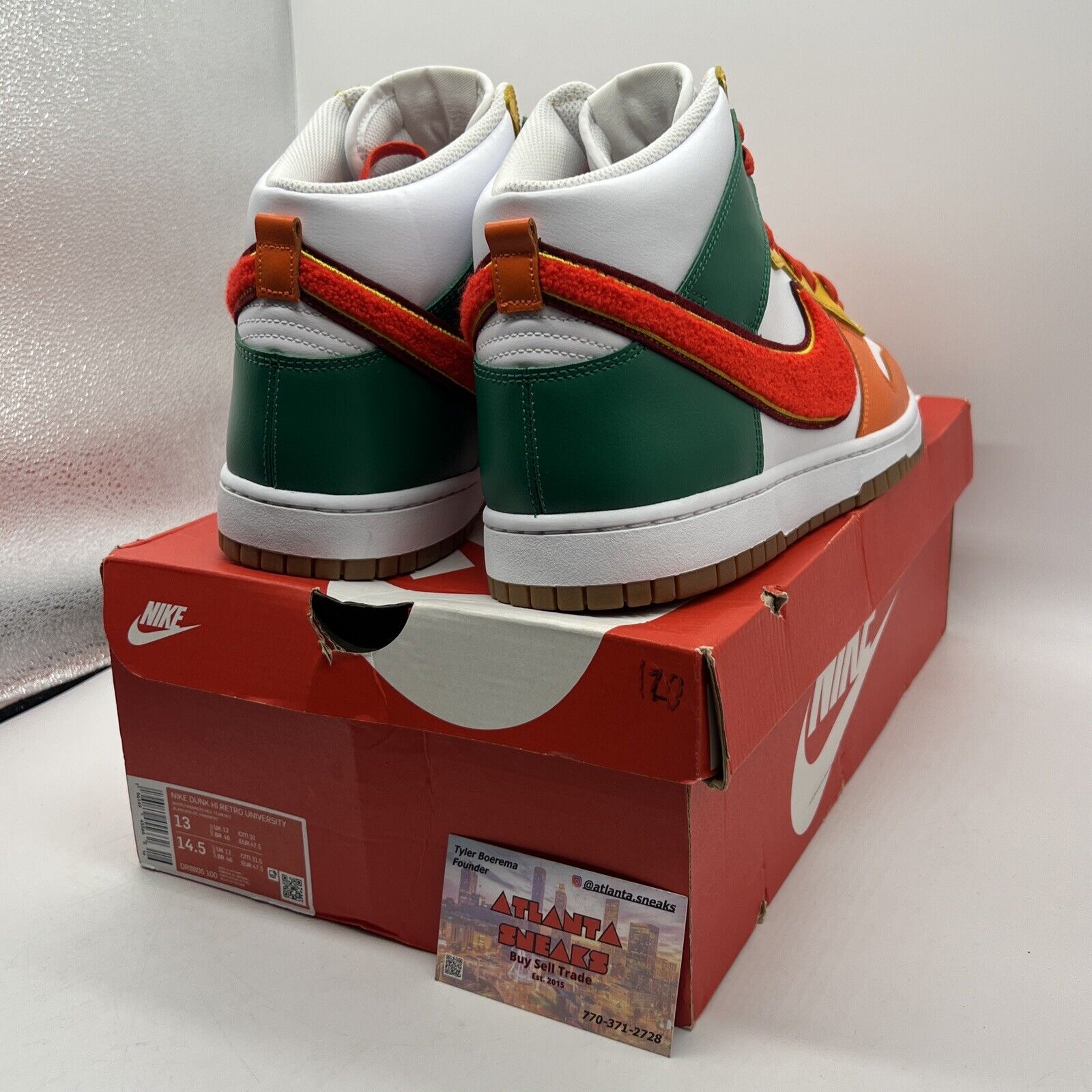 Size 13 - Nike Dunk High Chenille Swoosh White Green Orange Yellow Leather Gum