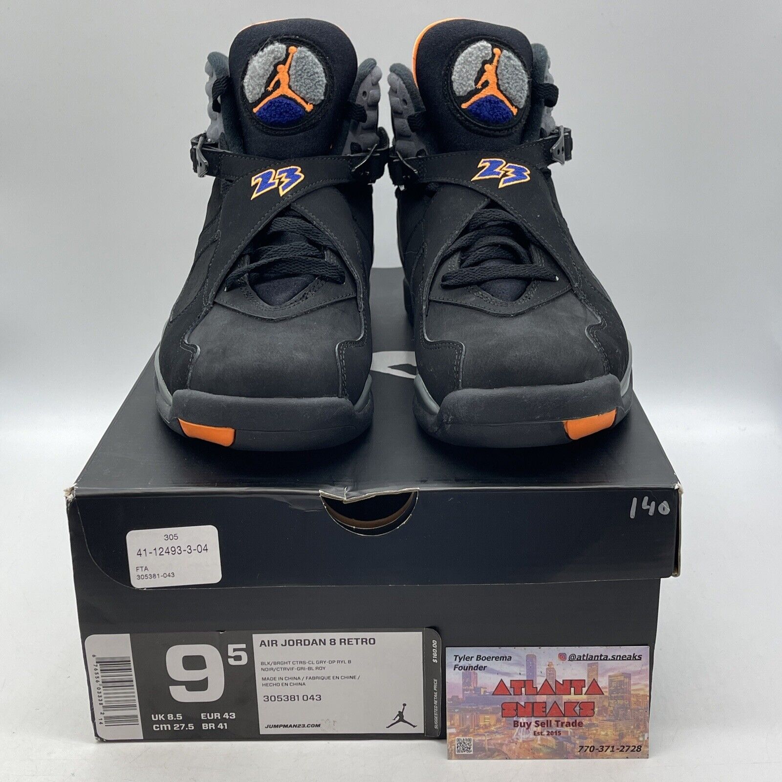 Size 9.5 - Air Jordan 8 Retro Phoenix Suns Black Orange Blue Suede (305381-043)