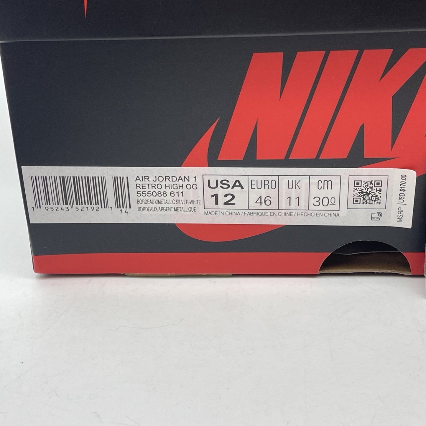 Size 12 - Jordan 1 Retro High OG Bordeaux Silver White Leather (555088-611)