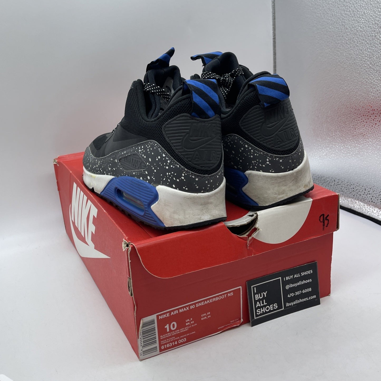 Size 10 - Nike Air Max 90 Sneakerboot NS Black Royal Metallic Silver -616314-003