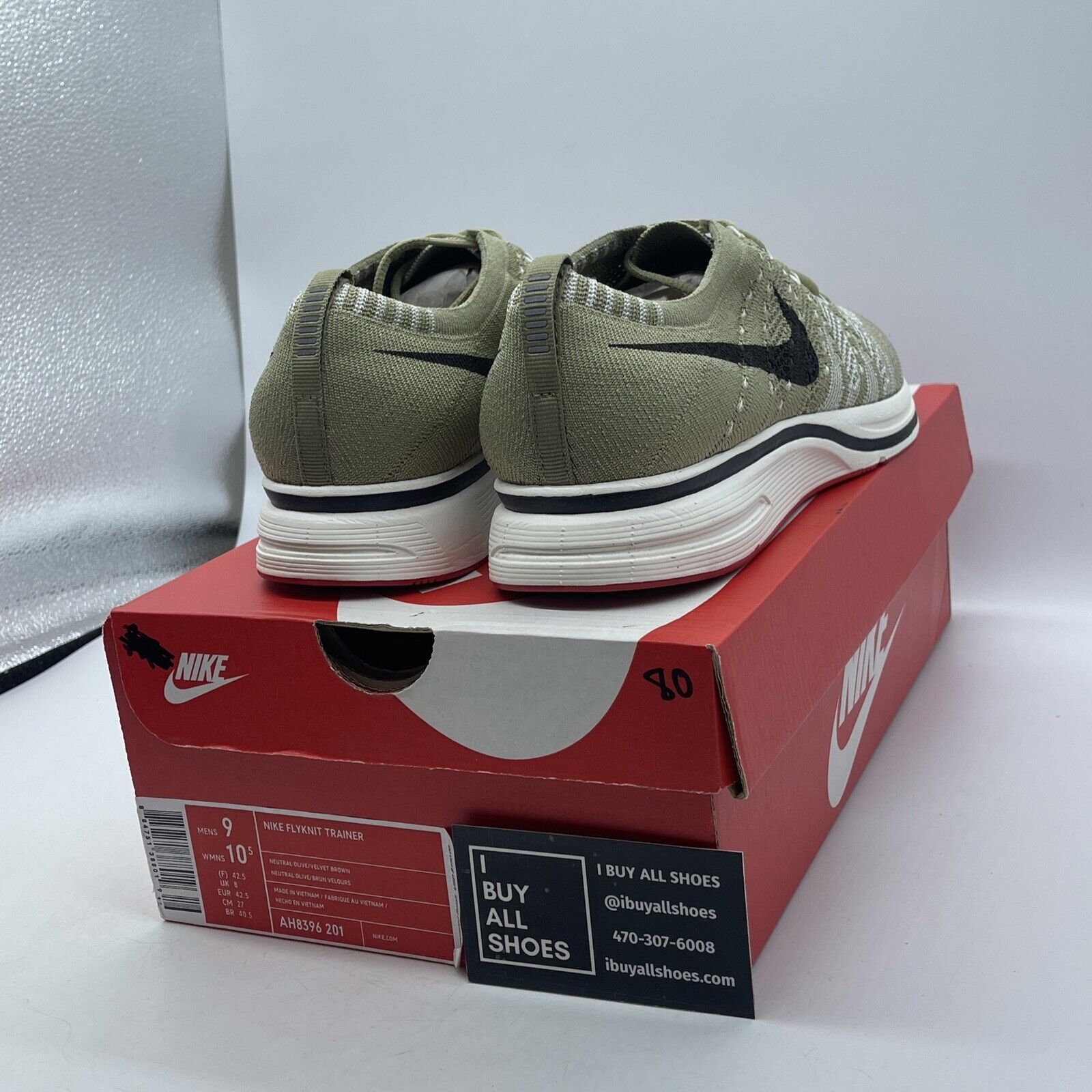 Size 9 - Nike Flyknit Trainer Neutral Olive Black White Suede (AH8396-201)