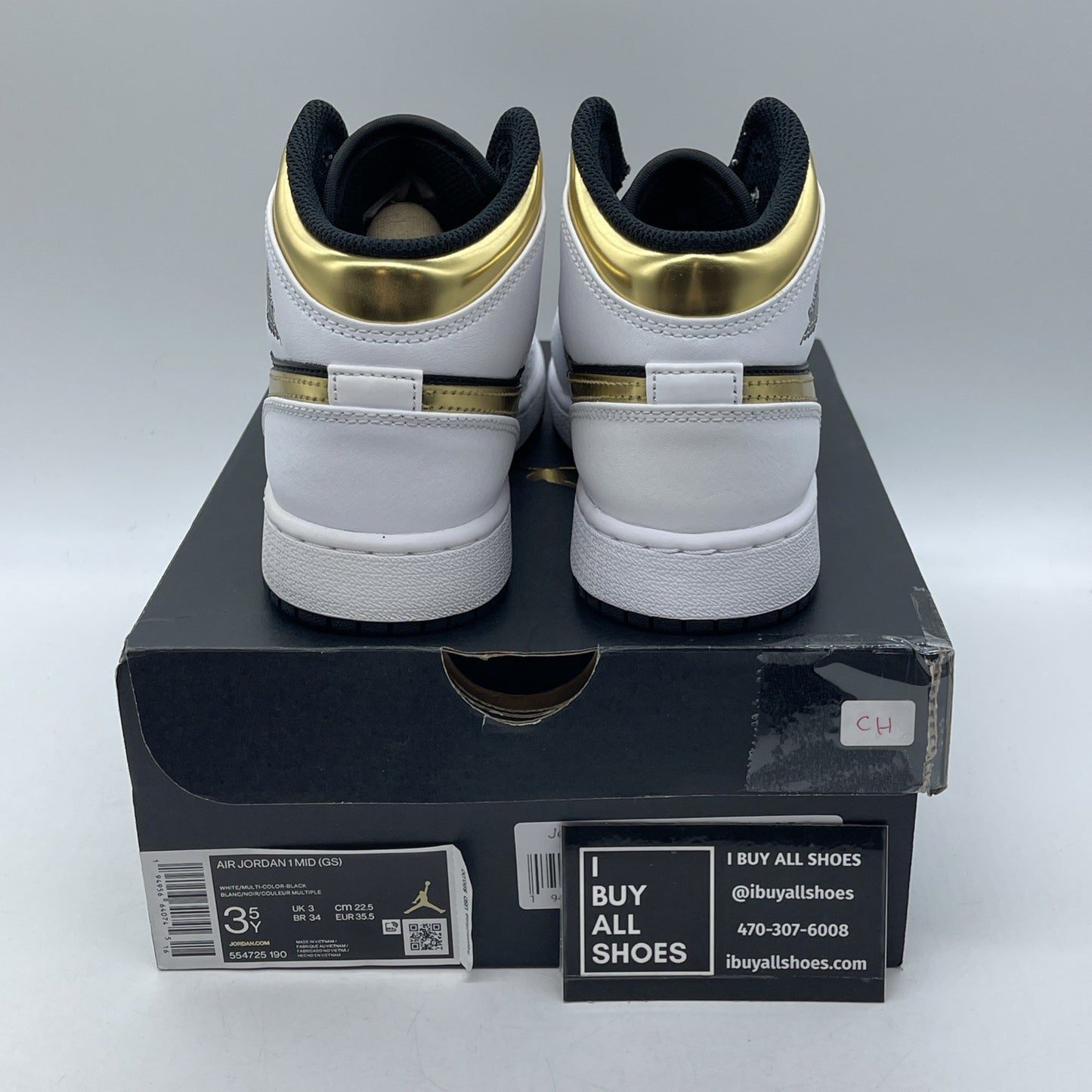 Size 3.5Y - Nike Air Jordan 1 Mid White Gold Black Leather (GS) (554725-190)