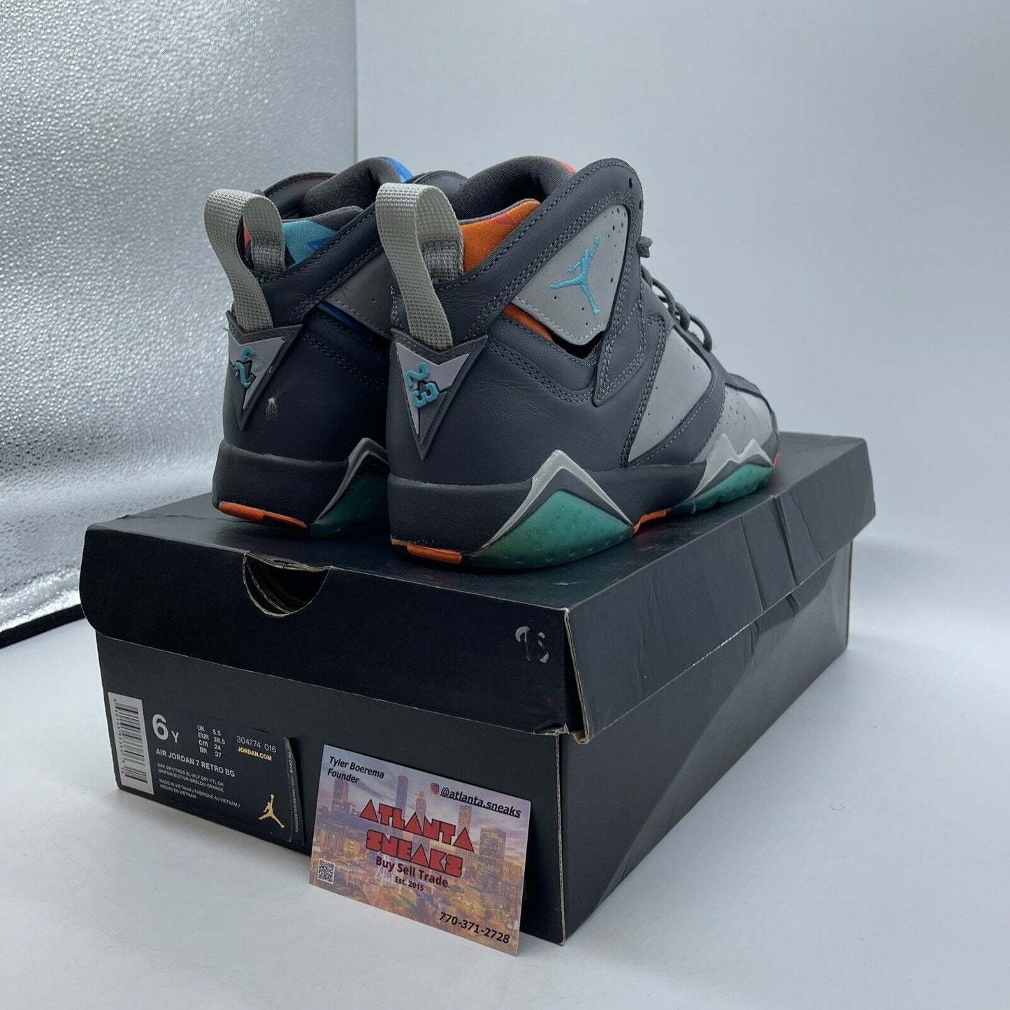 Size 6Y - Jordan 7 Retro High Barcelona Days Grey Blue Orange Suede (304774-016)