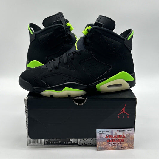 Size 9.5 - Jordan 6 Retro Electric Green 2021 Noir Black Suede All Black Neon Po