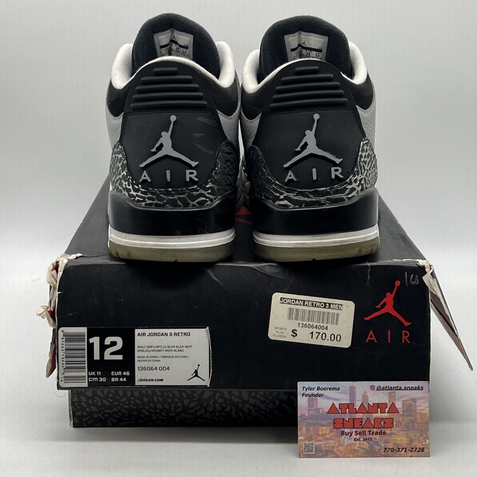 Size 12 - Air Jordan 3 Retro Wolf Grey Black Leather White (136064-004)