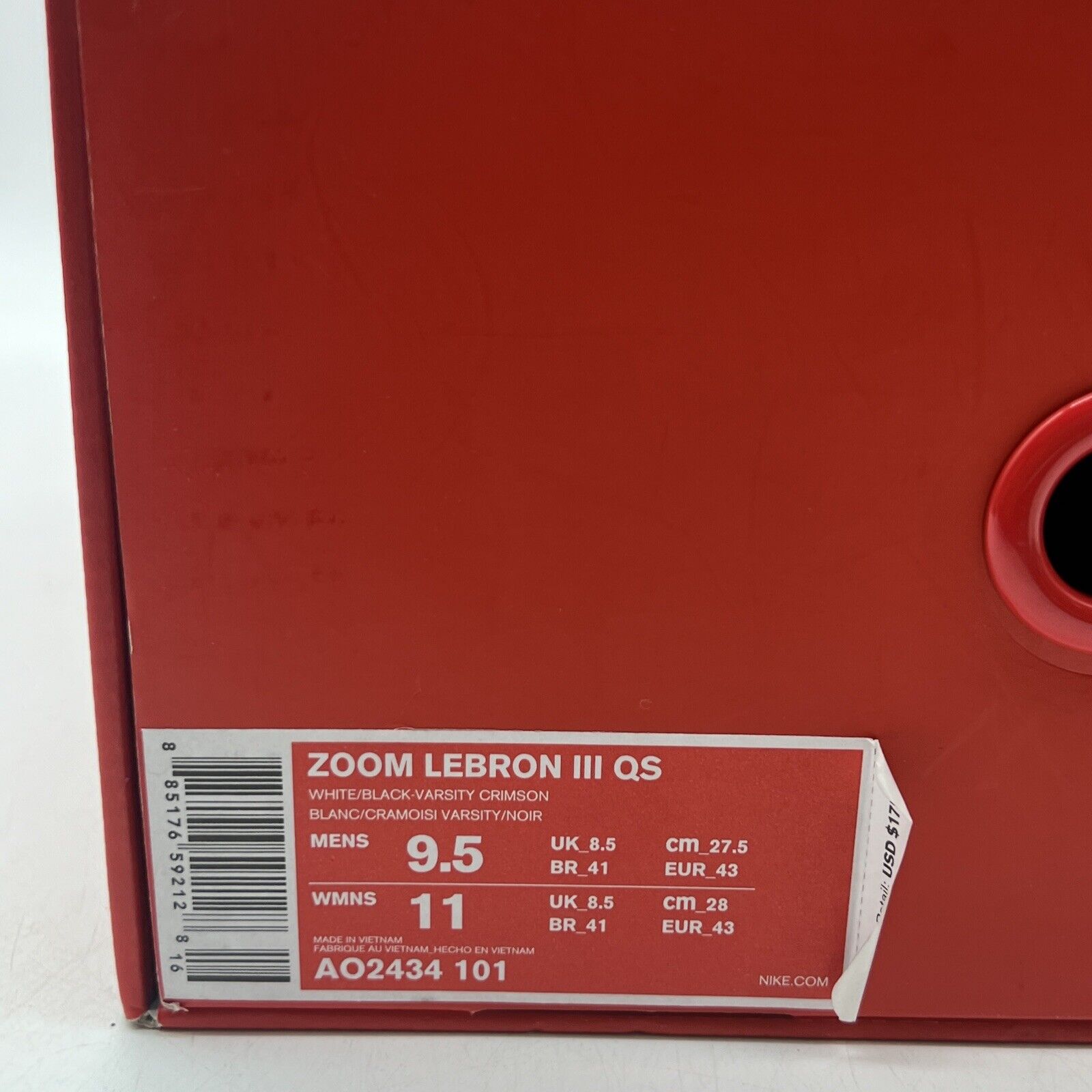 Size 9.5 - Nike Zoom LeBron 3 Retro QS 2019 Home Black White Red (AO2434-101)