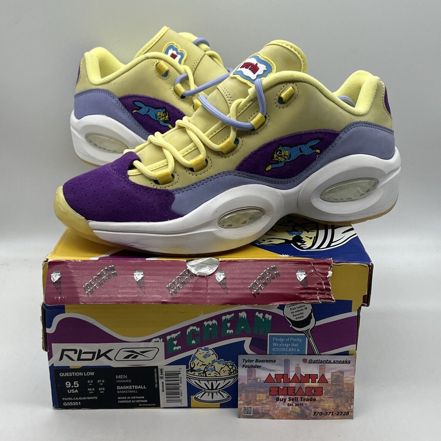 Size 9.5 - Reebok Question Low x BBC Ice Cream Yellow Lilac Glow 2020 - G55351