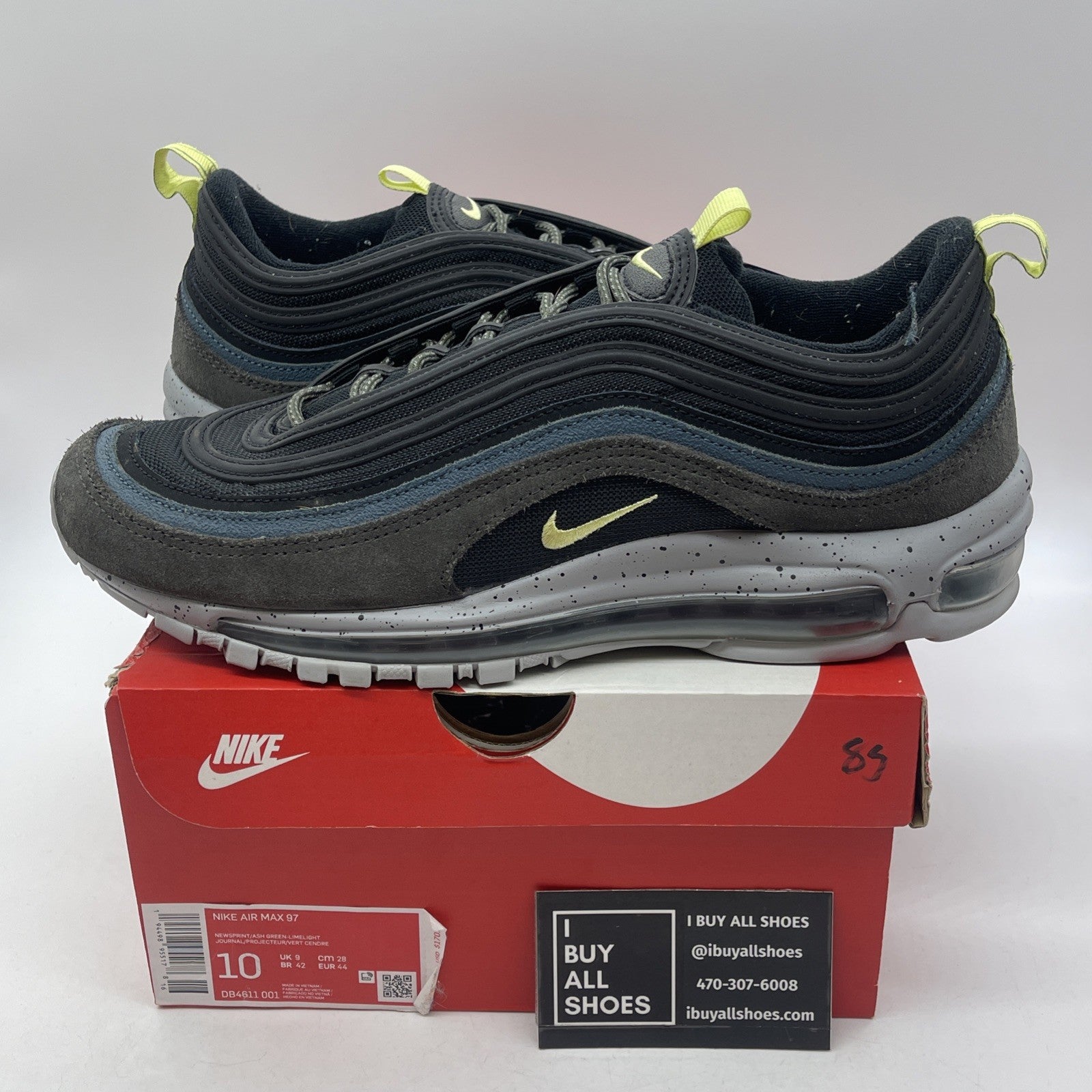 Size 10 - Nike Air Max 97 Newsprint Grey Blue Black Suede Leather (DB4611-001)