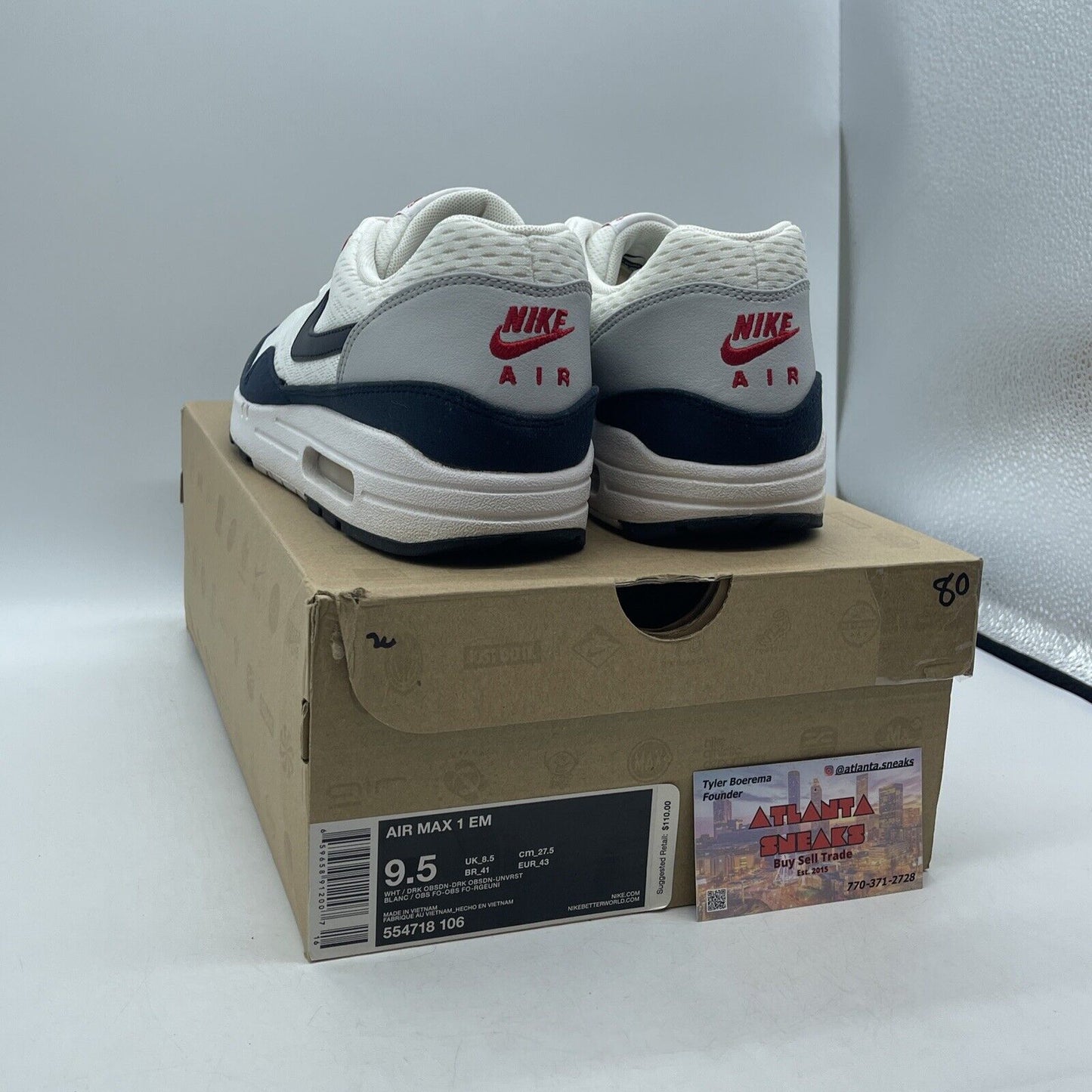 Size 9.5 - Nike Air Max 1 EM 'Dark Obsidian White Blue Grey Suede (554718-106)
