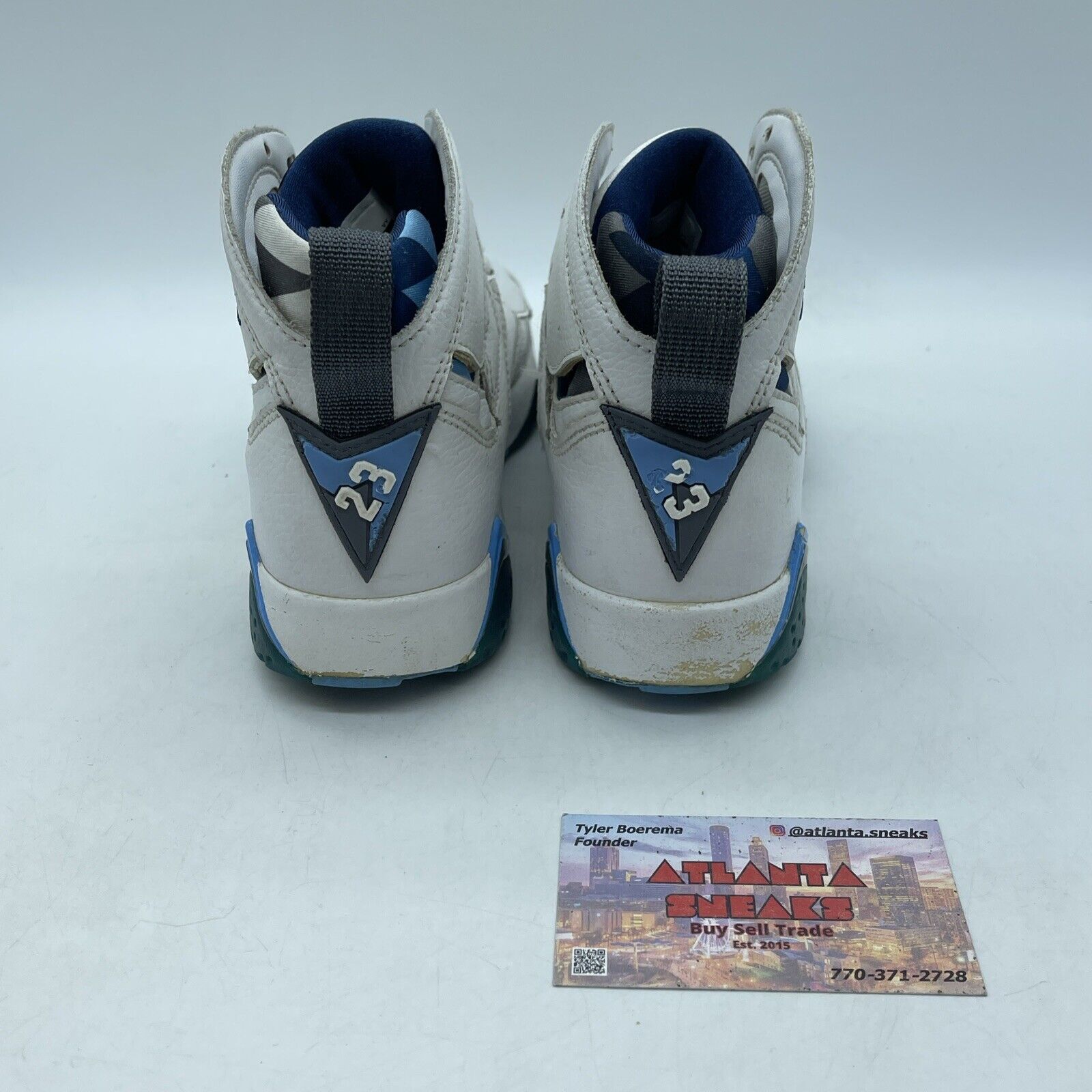 Size 4.5 (GS) - Jordan 7 Mid French Blue White Green Grey Leather (304774-107)