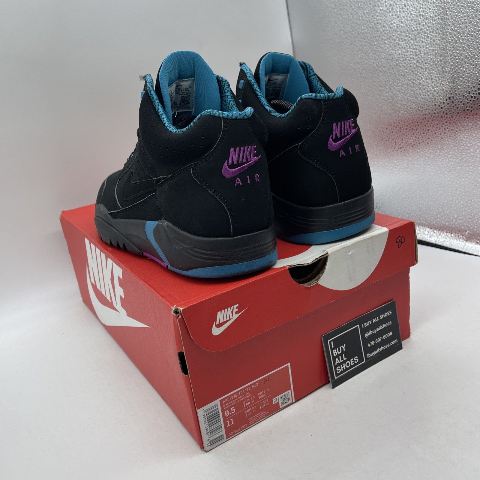 Size 9.5 - Nike Air Flight Lite Mid Black Cyber Teal (DQ7687-002)